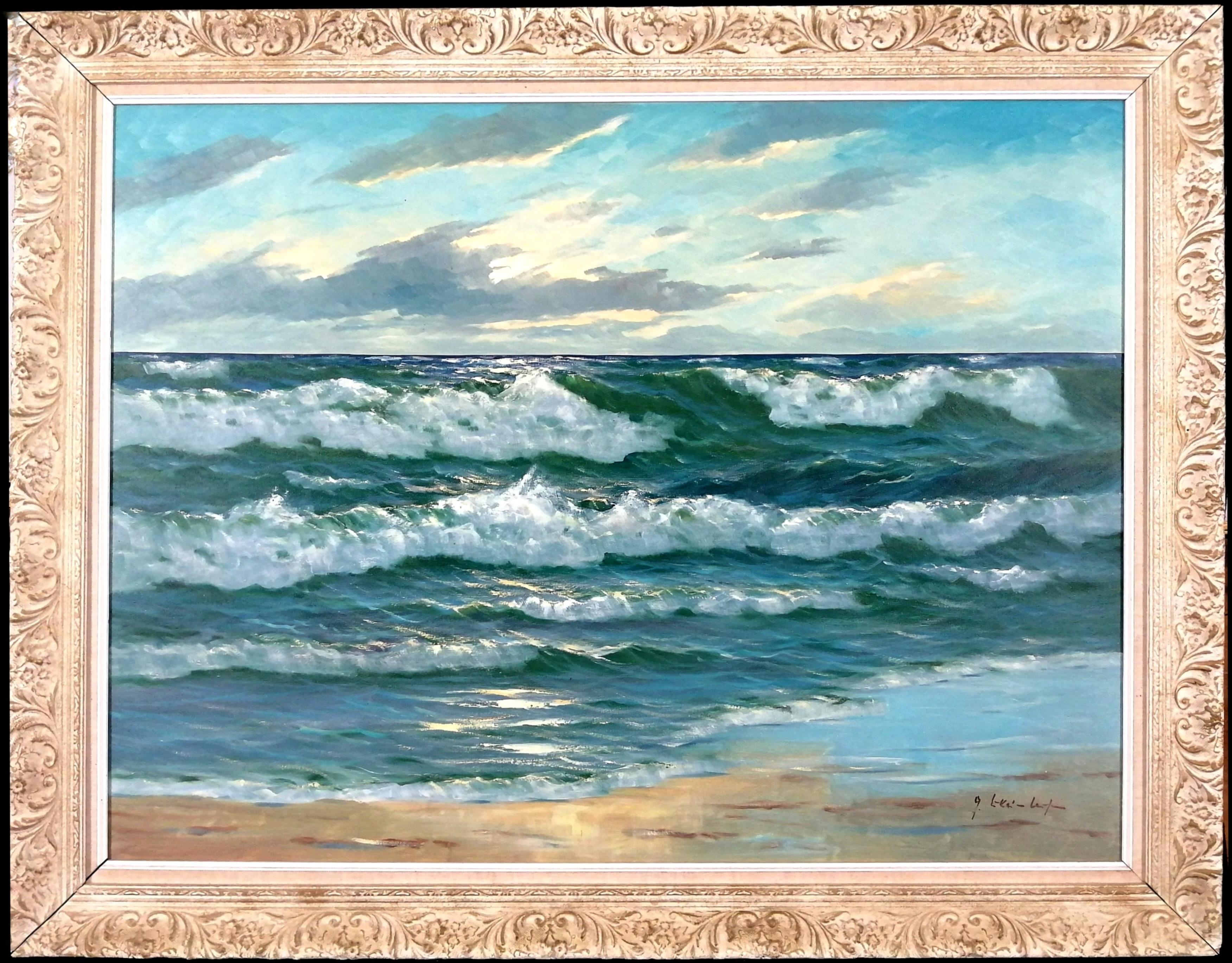 Gerard Lucas-Larsen Landscape Painting - Waves Breaking - Large Mid 20th Century Oil on Canvas Seascape Coastal Painting