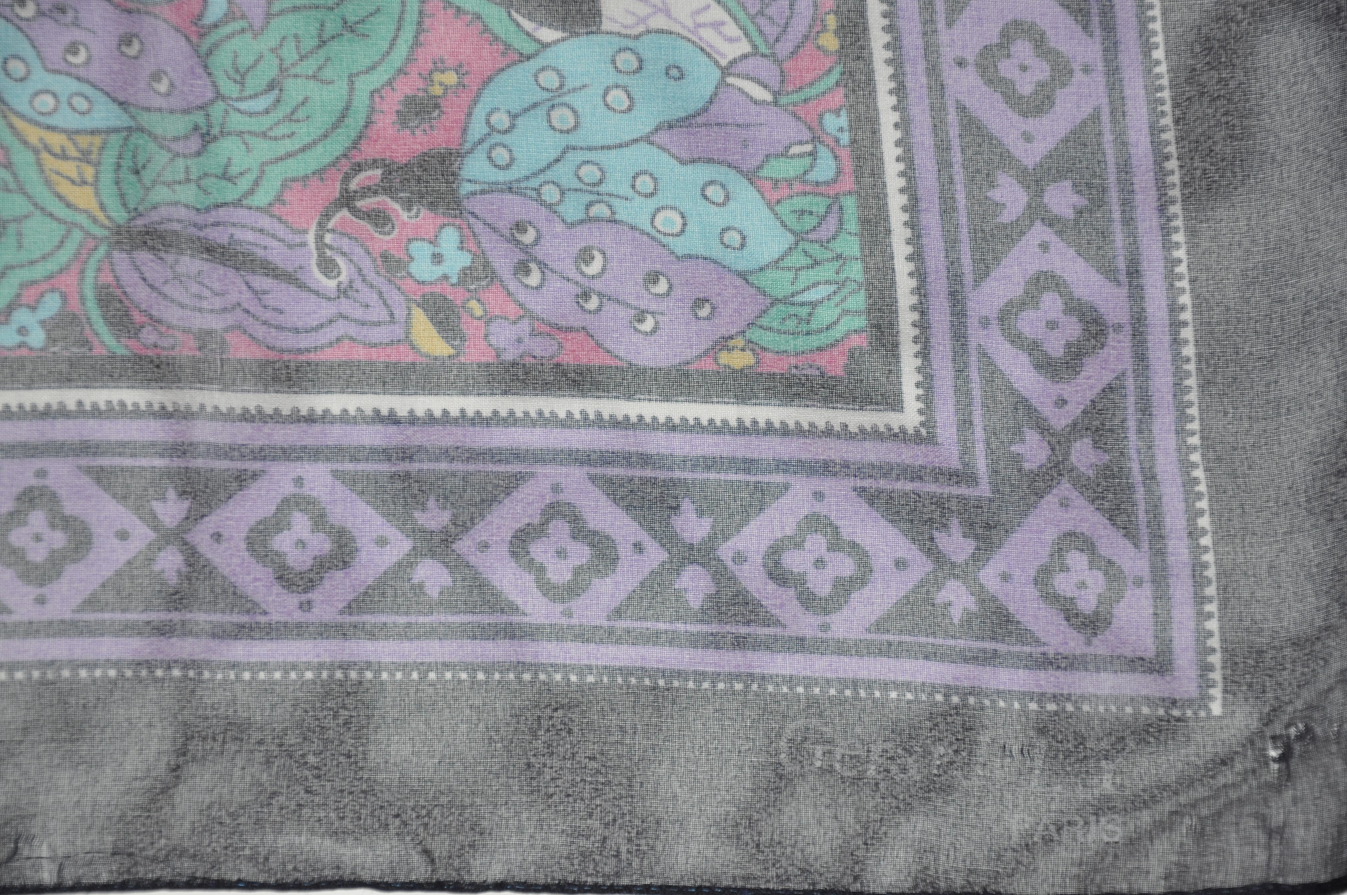 Gerard L.Y. of Paris Deep Navy & Lavender Border Floral Silk Chiffon Scarf In Good Condition For Sale In New York, NY