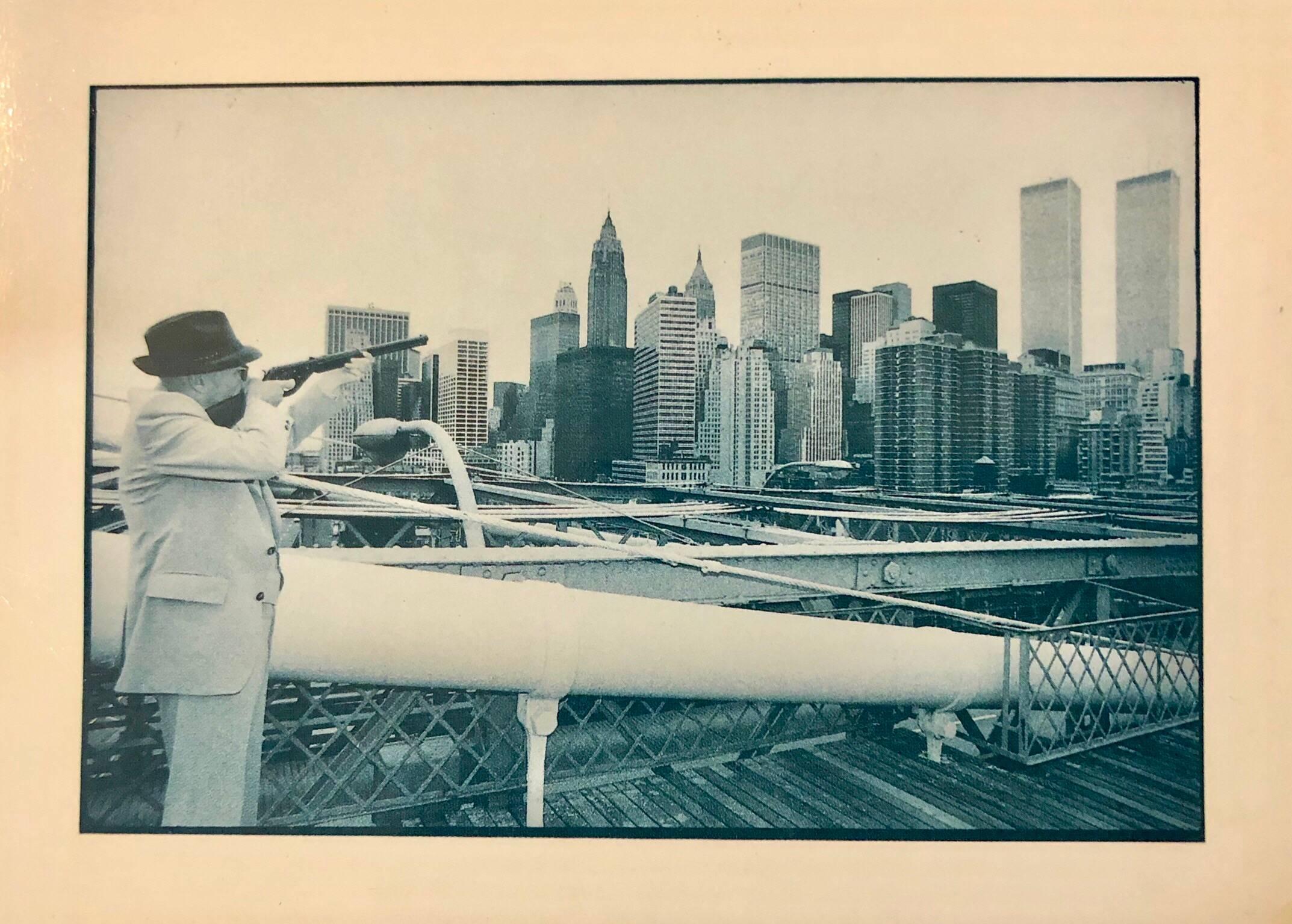 Gerard Malanga Figurative Photograph - Vintage Signed Photograph William Burroughs Aims at Twin Towers from Brooklyn