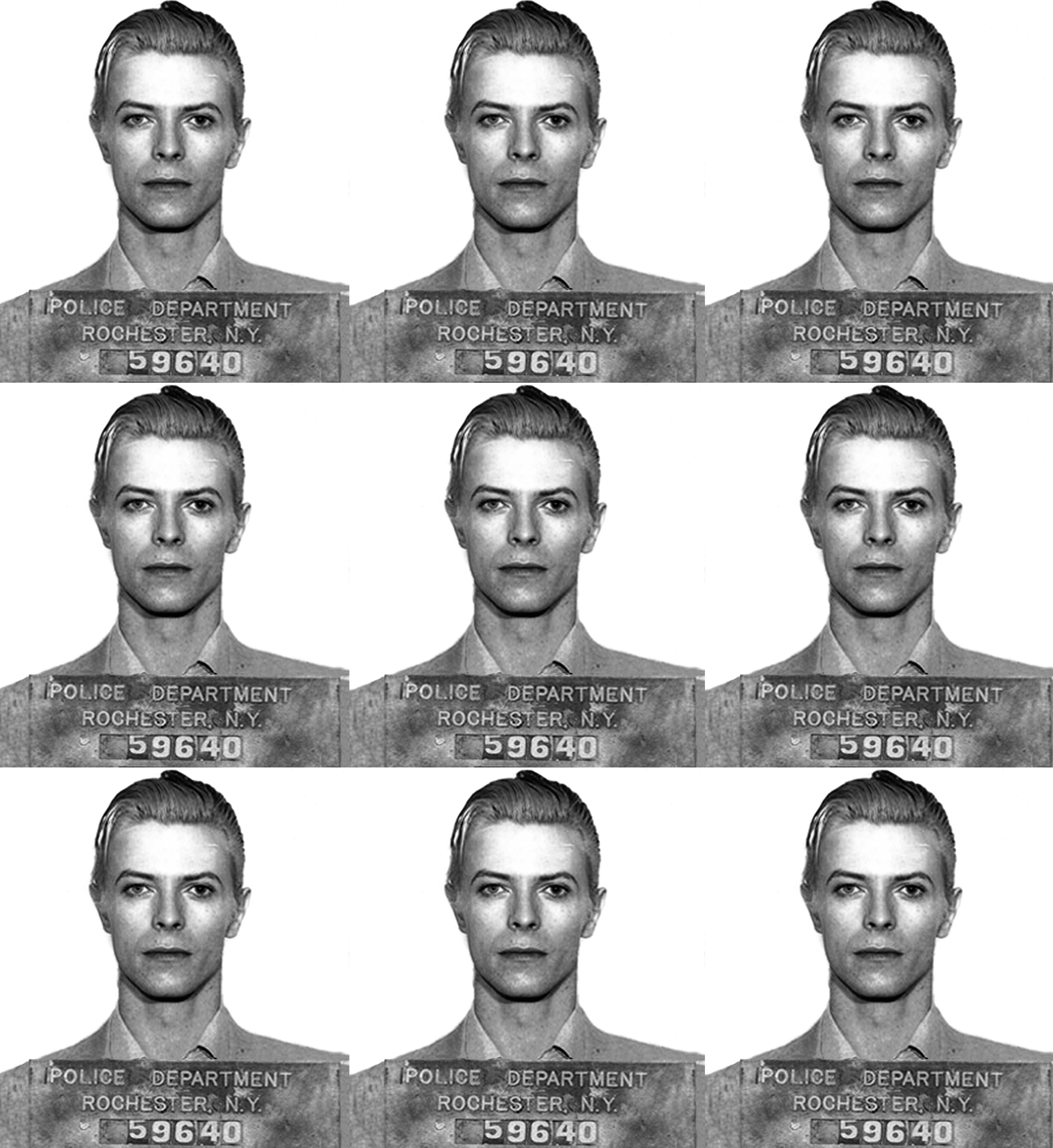 „David Bowie Mugshot“ Druck 39 x 36 Zoll Auflage von 75 Stück von Gerard Marti

Digitaldruck auf Kunstdruckpapier. 
Wird gerollt in einer Tube versandt. 
Vom Künstler signiert und nummeriert. 

Fahndungsfoto, aufgenommen, als David Bowie zusammen