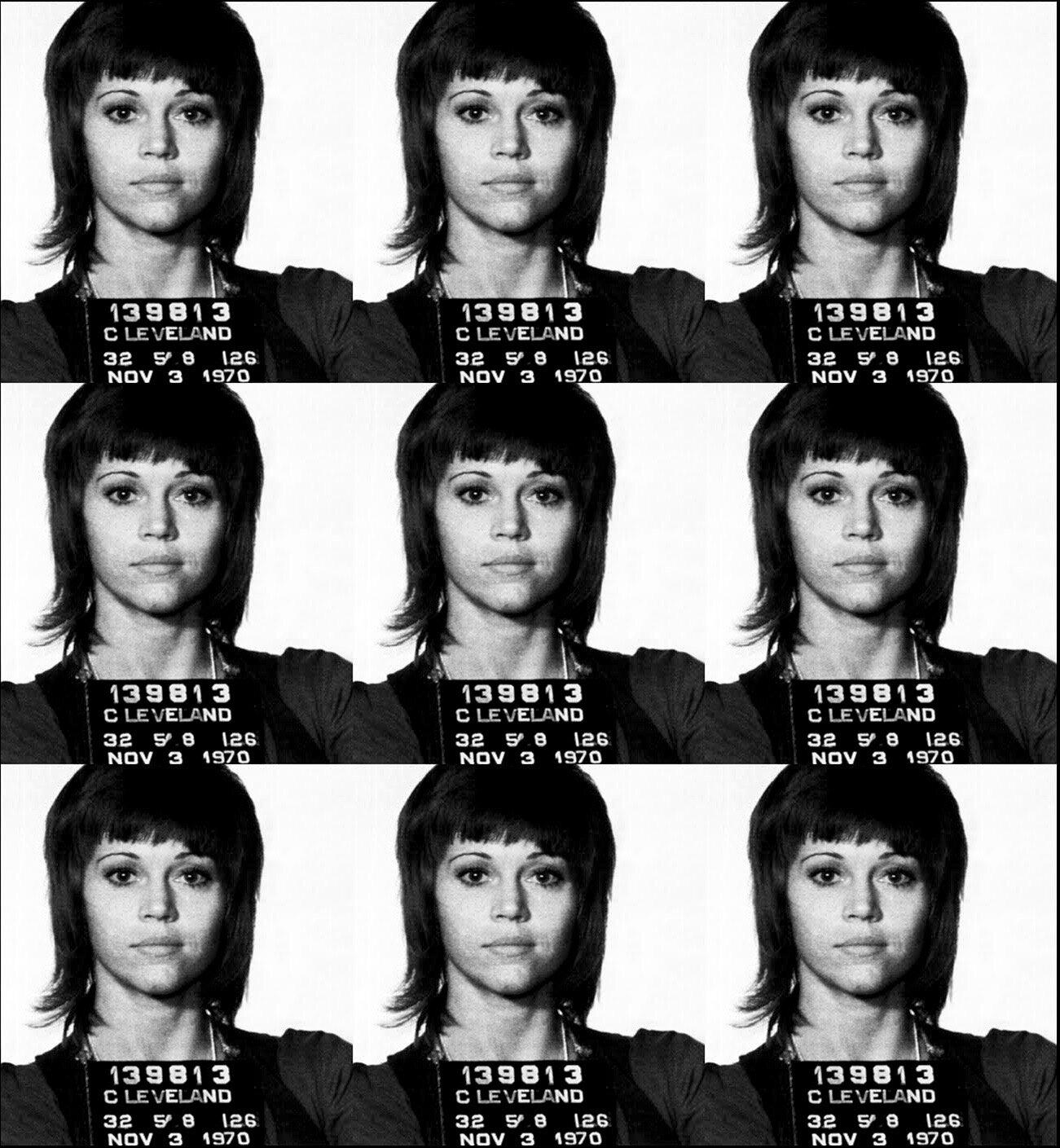 "Jane Fonda Mugshot" Print on canvas 39 x 36 inch Edition of 75 by Gerard Marti

Giclee print on canvas 
Stretched on wooden bars.  
Signed and numbered by the artist.

Jane Fonda was arrested in November 1970 for allegedly trying to smuggle a large
