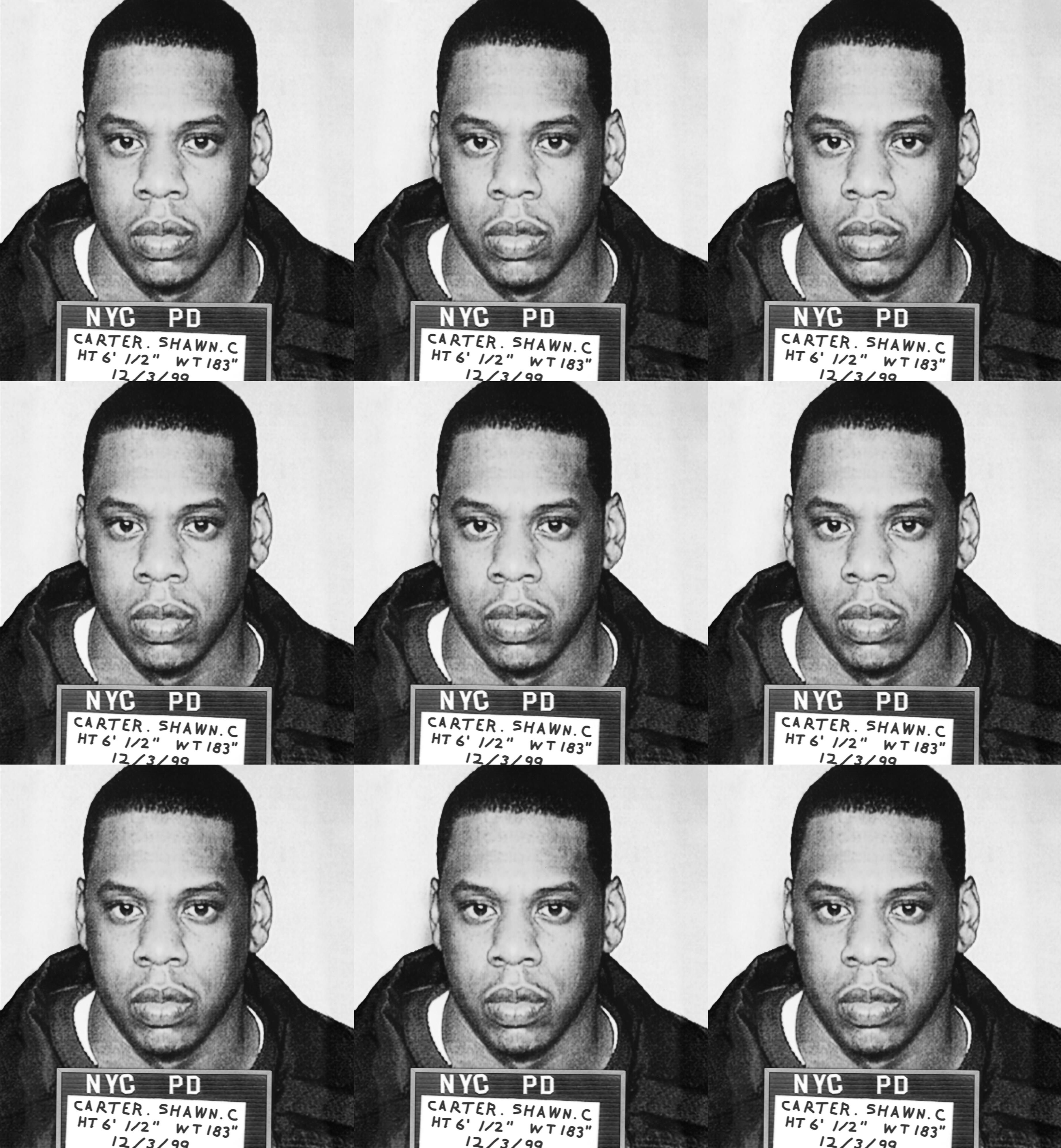 "Jay Z Mugshot" Print on canvas 39 x 36 inch Ed. of 75 by Gerard Marti

Giclee print on canvas
Stretched on wooden bars. 
Signed and numbered by the artist. 


Rap star Jay Z (real name: Shawn Carter) was arrested by New York City cops in December