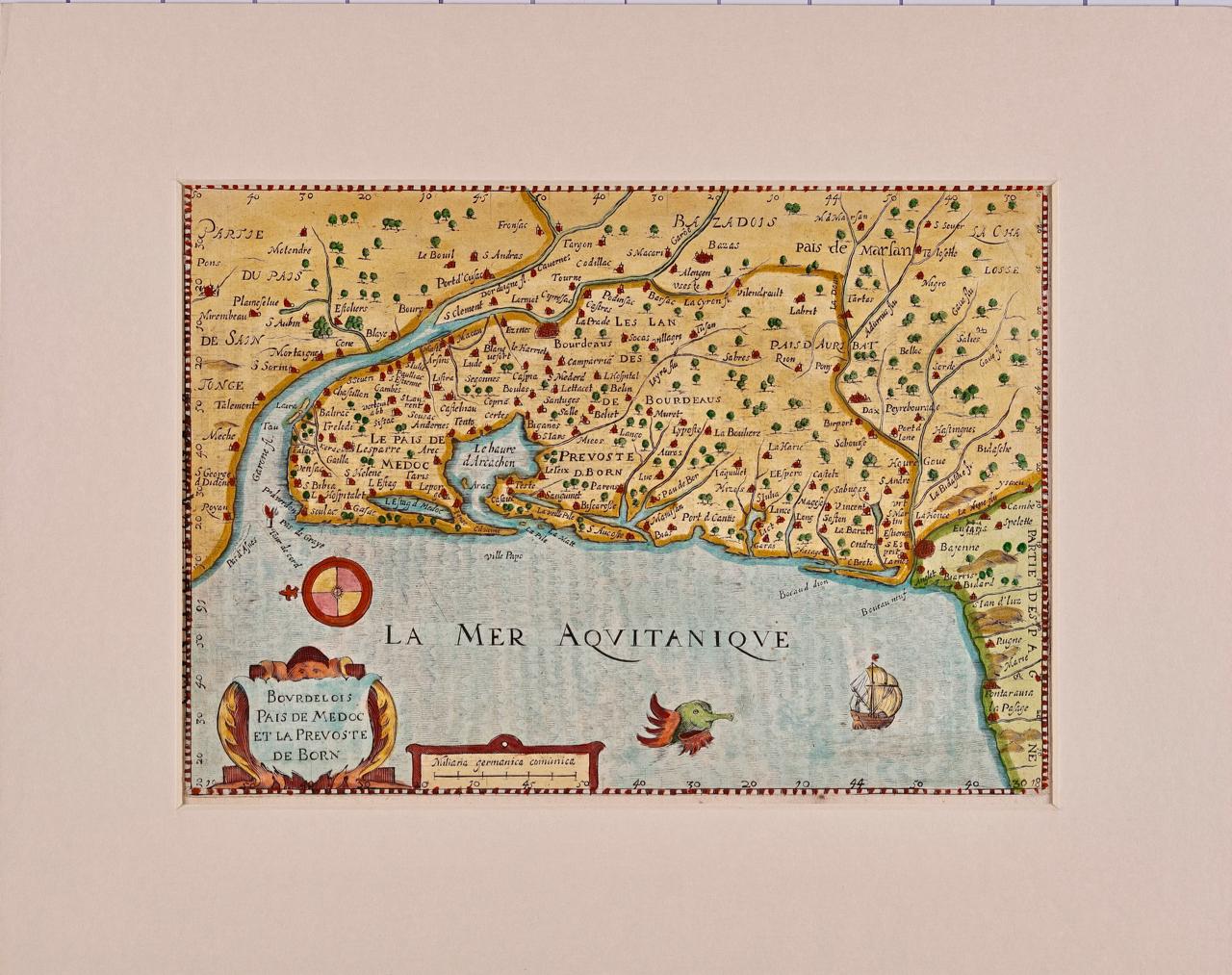 Bordeaux Region of France: A 17th Century Hand-Colored Map by Mercator/Hondius - Print by Gerard Mercator