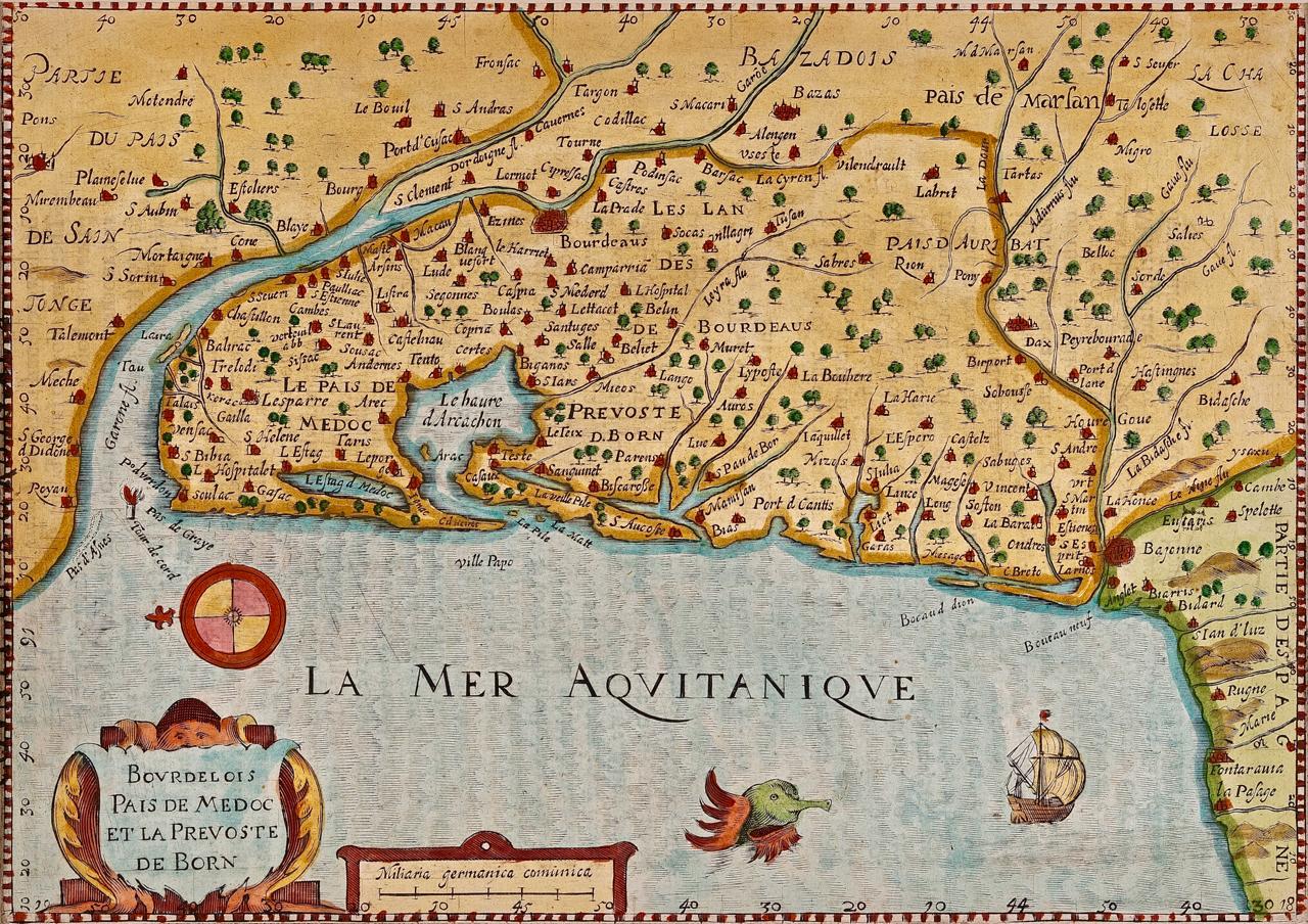 Gerard Mercator Print - Bordeaux Region of France: A 17th Century Hand-Colored Map by Mercator/Hondius
