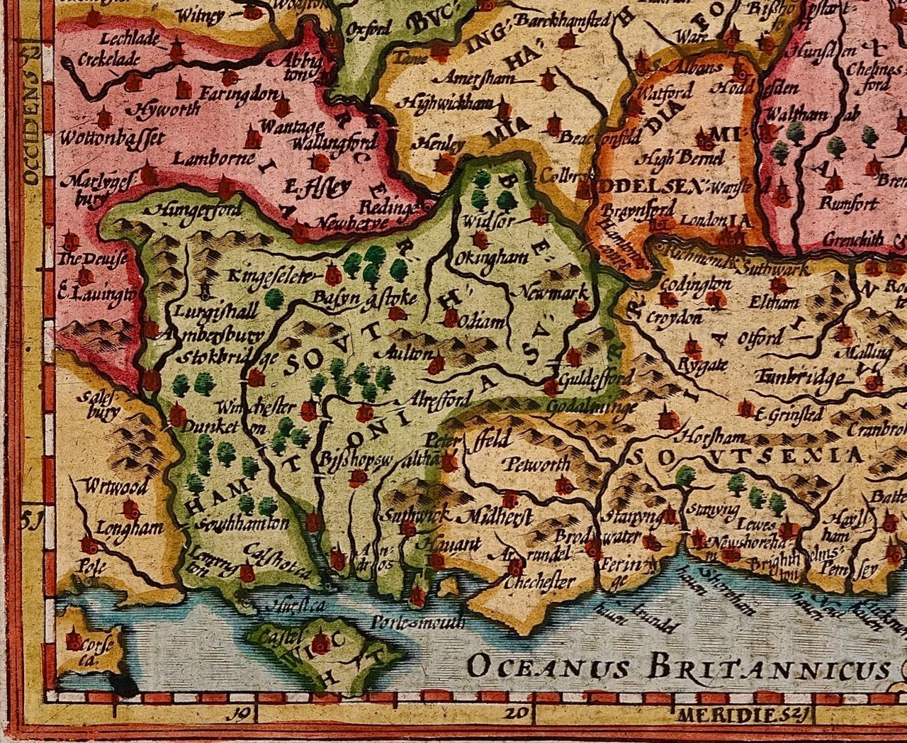 Südöstischer Südengland: Eine handkolorierte Karte aus dem 17. Jahrhundert von Mercator und Hondius (Braun), Print, von Gerard Mercator