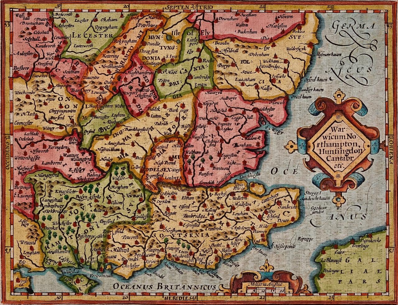 Gerard Mercator Print - Southeastern England: A 17th Century Hand-Colored Map by Mercator and Hondius