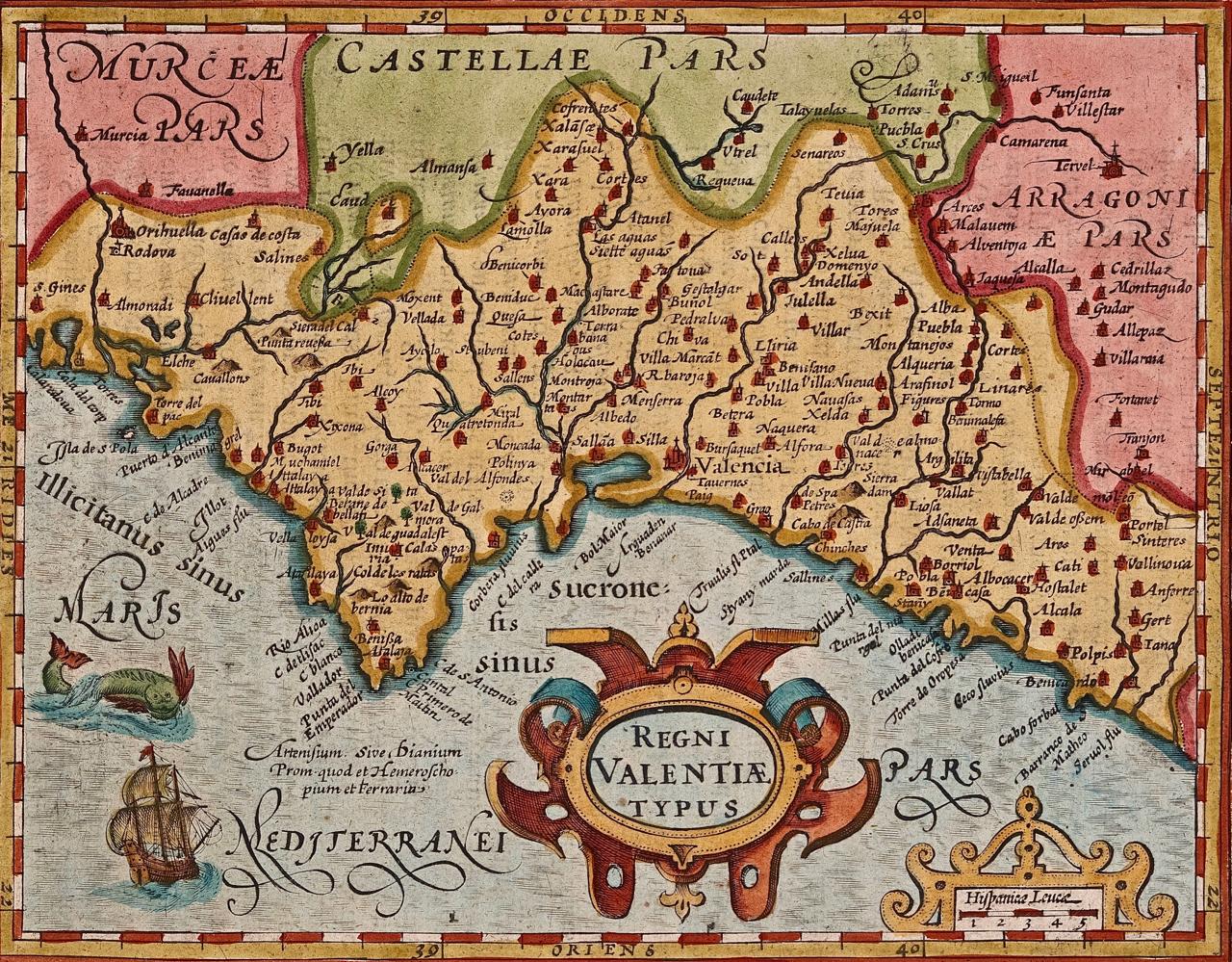 Valencia and Murcia, Spain: A 17th Century Hand-Colored Map by Mercator/Hondius - Print by Gerard Mercator