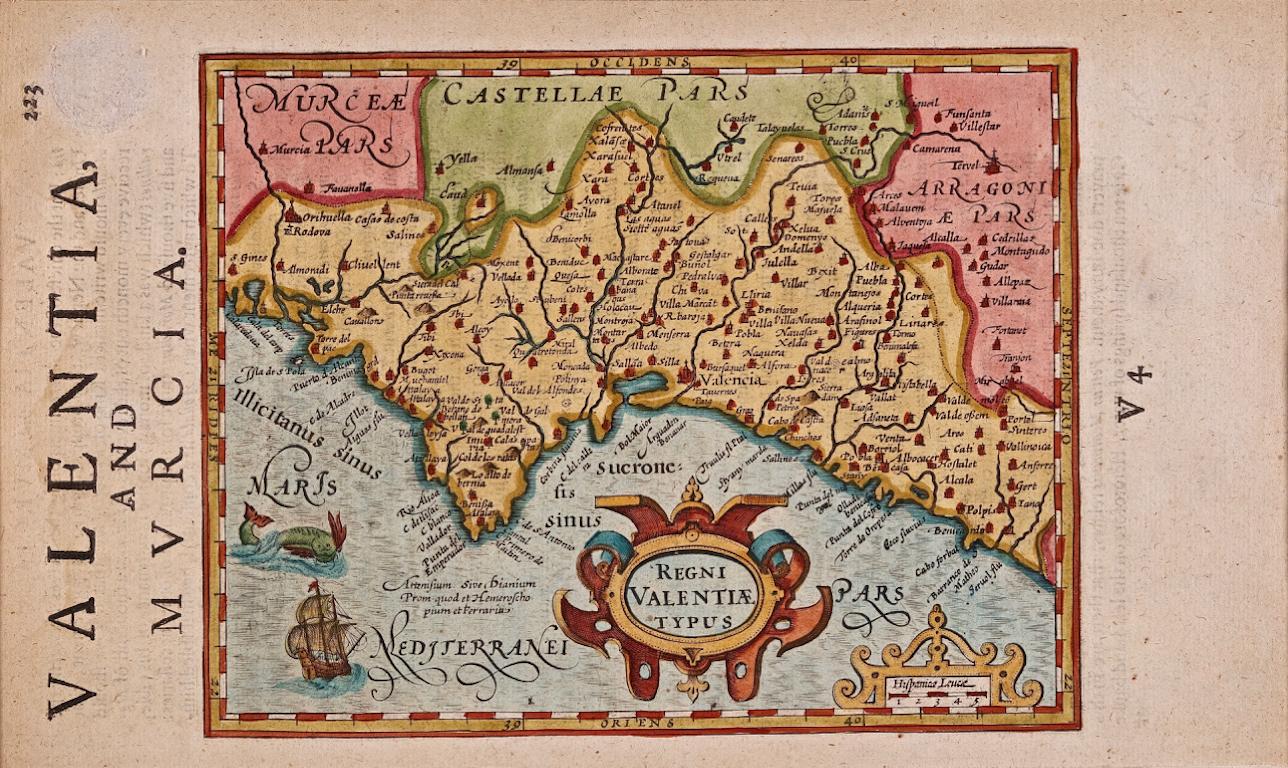 Gerard Mercator Print - Valencia and Murcia, Spain: A 17th Century Hand-Colored Map by Mercator/Hondius