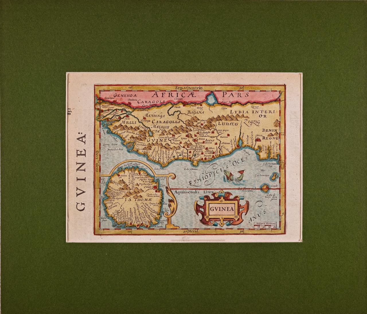 West Africa: A 17th Century Hand-Colored Map by Mercator/Hondius - Print by Gerard Mercator