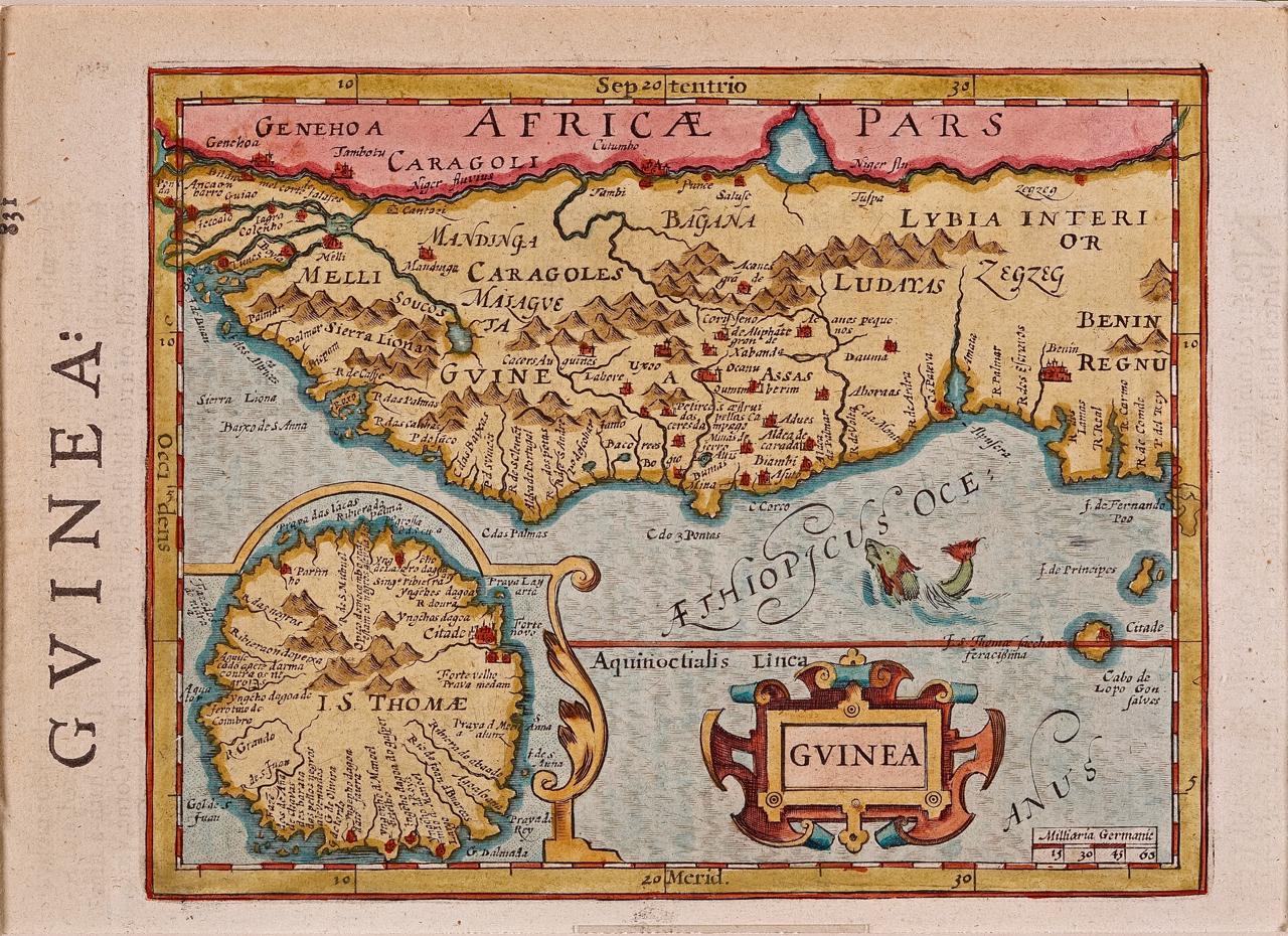 Gerard Mercator Print – Westafrika: Eine handkolorierte Karte aus dem 17. Jahrhundert von Mercator/Hondius