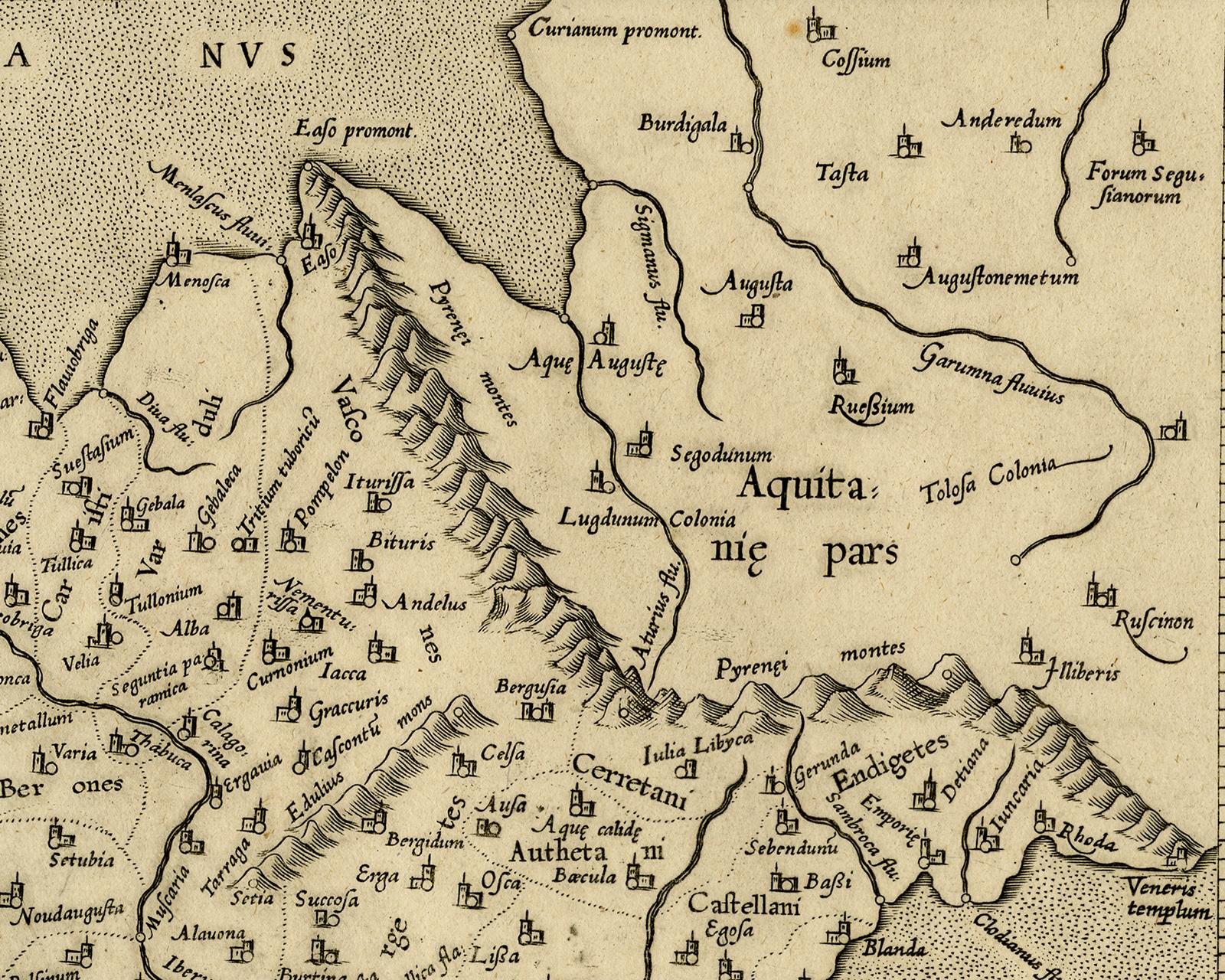 Ptolemaic map of ancient Spain and Portugal by Mercator - Engraving - 17th c. - Beige Print by Gerard Mercator