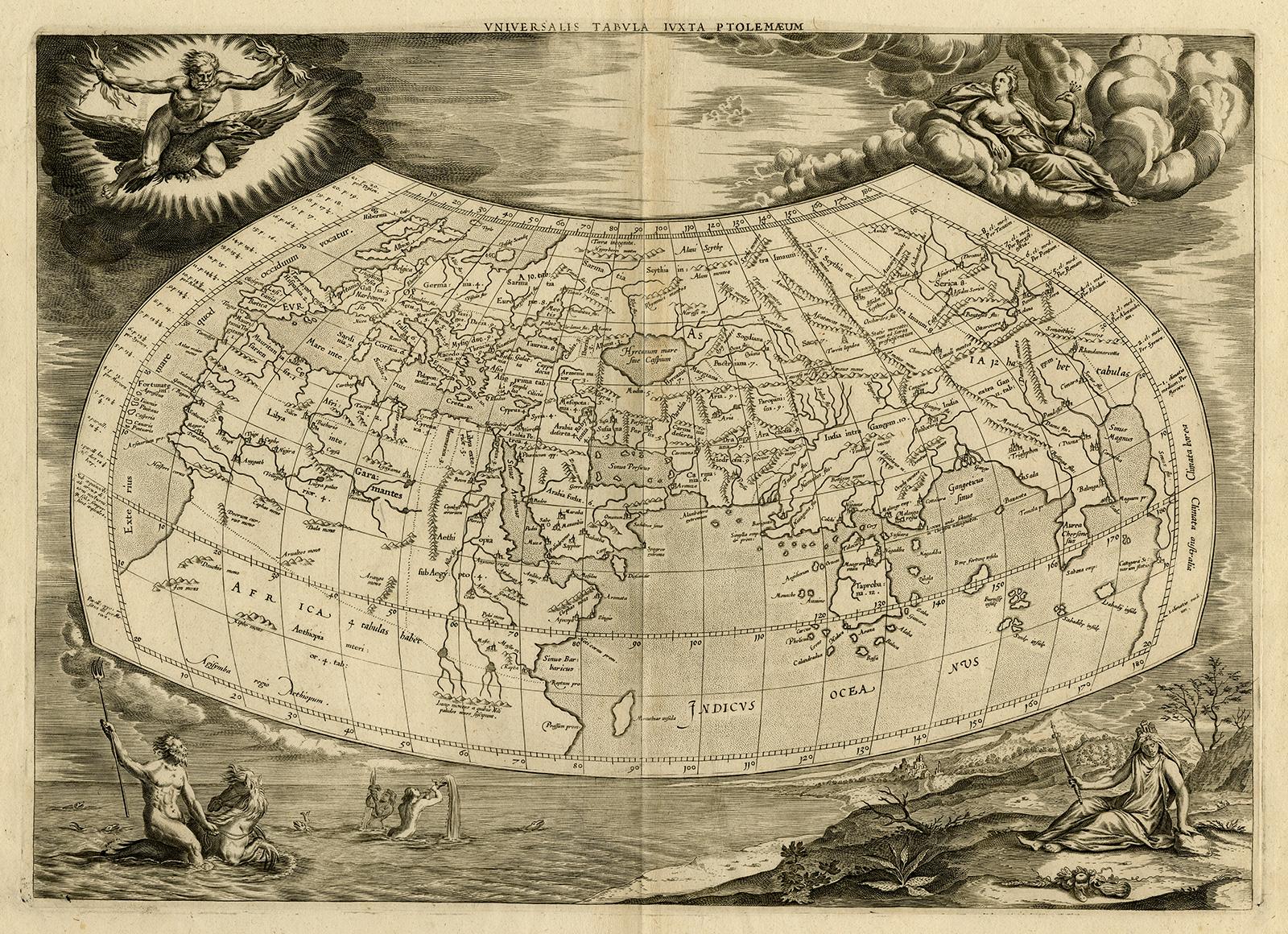 Gerard Mercator Print - Very decorative world map of the ancient world by Mercator - Engraving - 17th c.