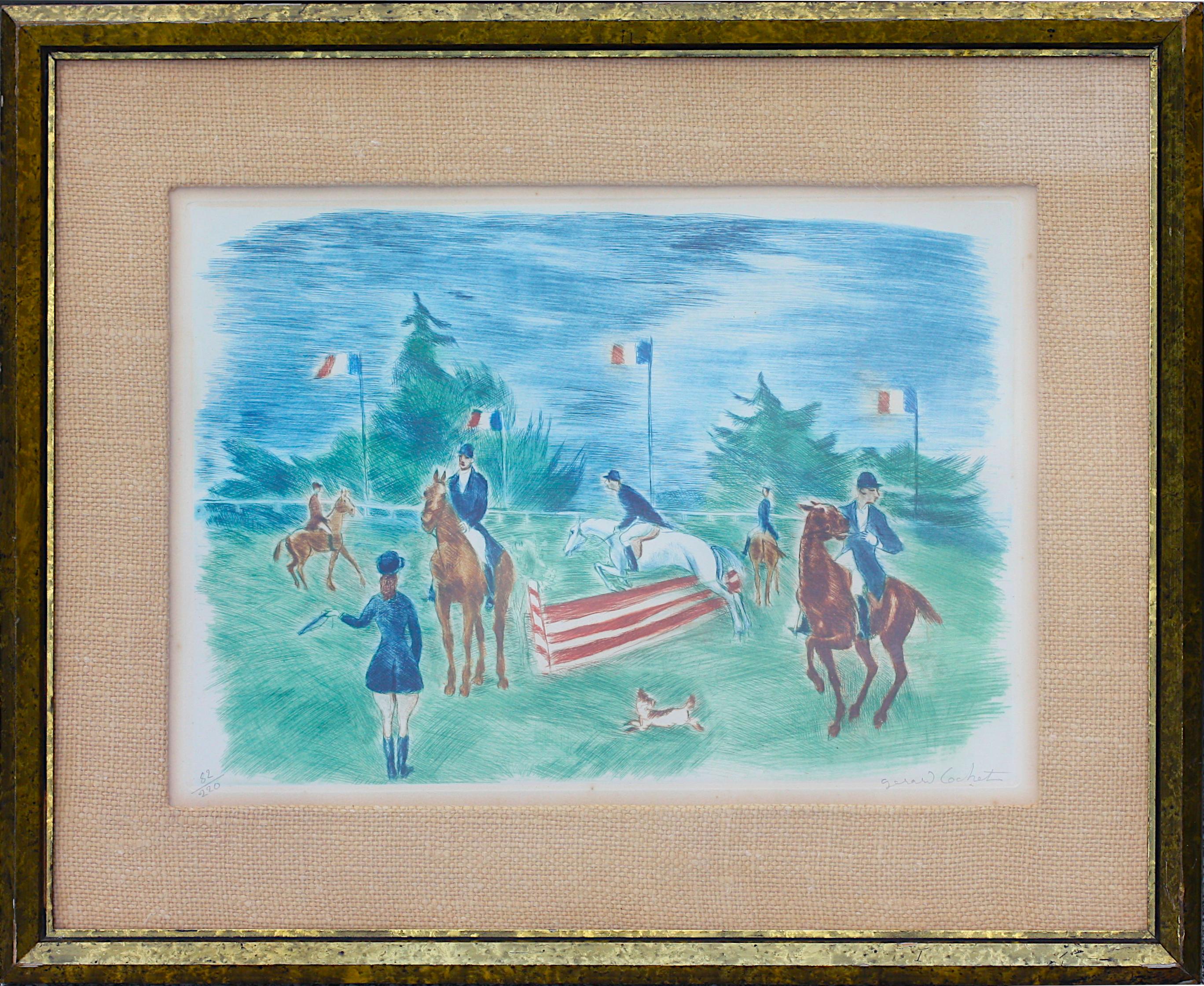 
Gerard-Paul Cochet, (French, 1888-1969)
Equestrian Scene, lithograph in color, signed, lower right margin in pencil, numbered 82/220,m lower left
 site 11 by 15 in., overall 17.25 by 21 in. Equestrian. 