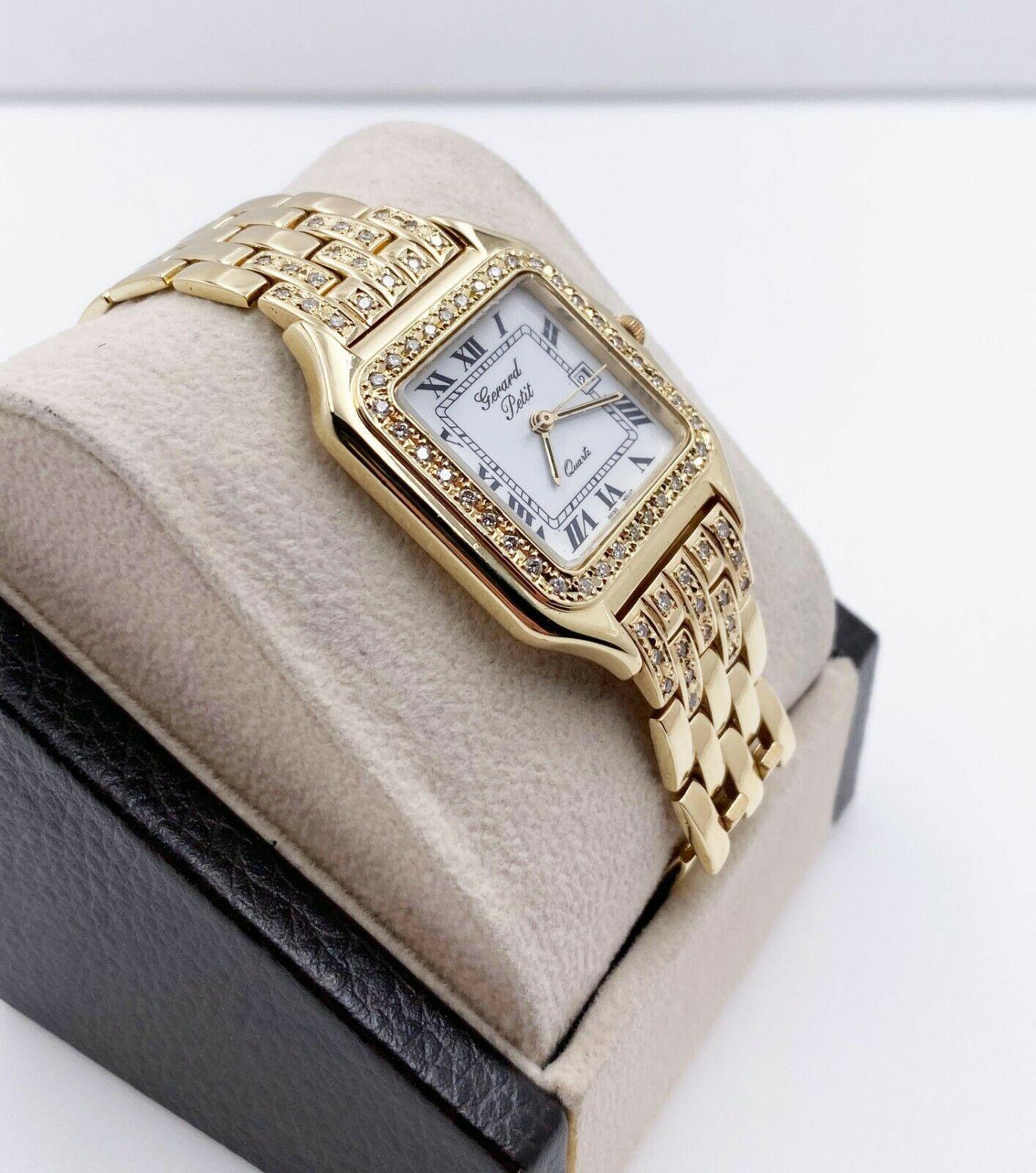 Brand: Gerard Petit

Case Material: 14k Yellow Gold

Band: 14K Yellow Gold

Bezel:  14K Yellow Gold Diamond Bezel

Dial: White

Face: Sapphire Crystal

Case Size: Approx 28 x 37mm

Includes: 
-Elegant Watch Box
-Certified Appraisal 
-1 Year Warranty