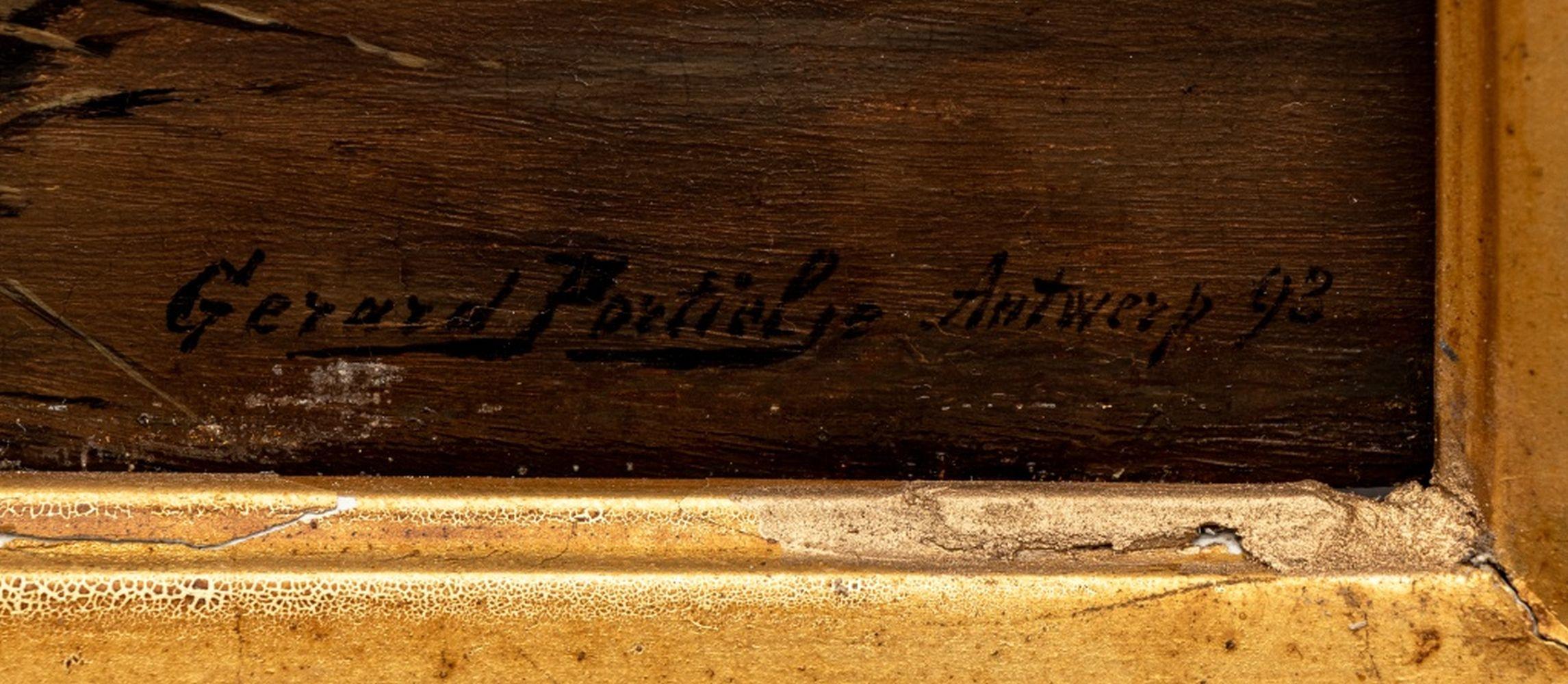 Gerard Jozef Portielje (Belge, 1856-1929), Scène d'intérieur figurative, huile sur panneau de bois, 1892, signée, datée et inscrite 
