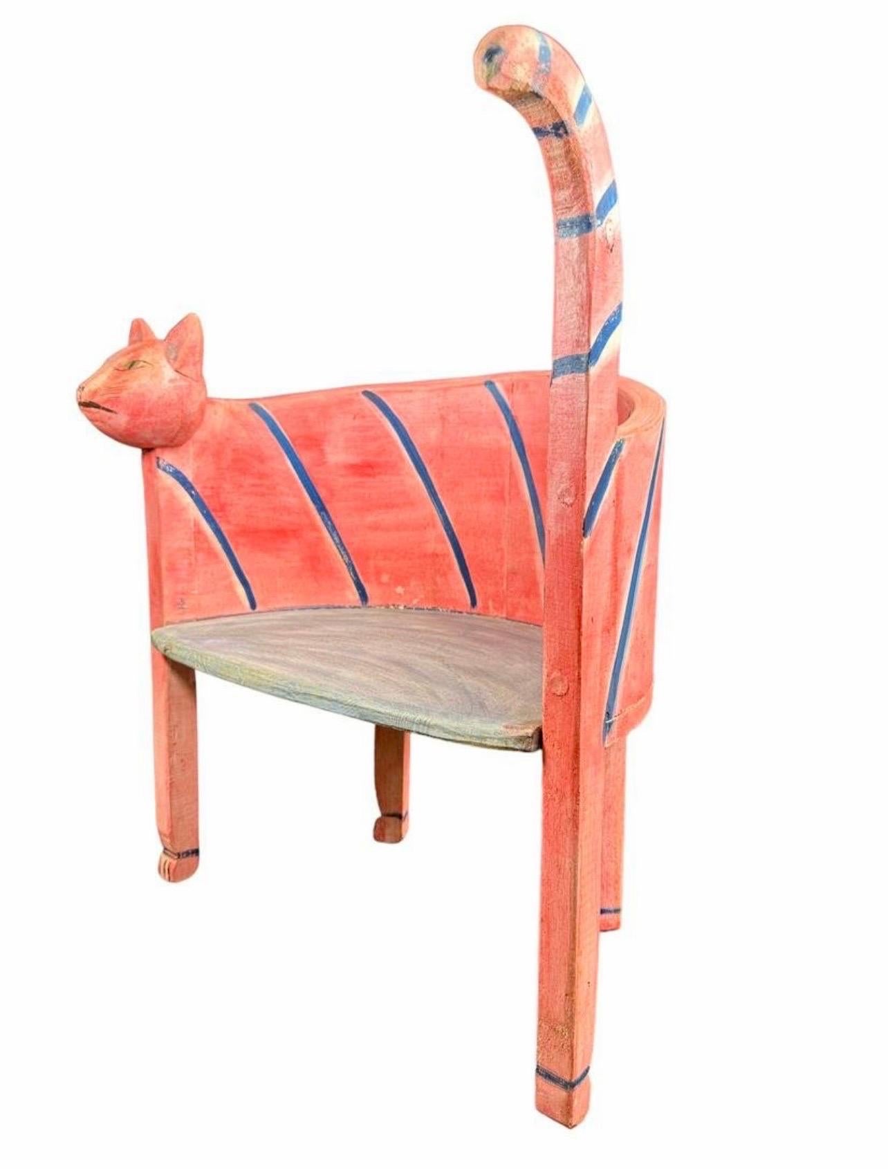 French Folk Art Hand Carved Painted Whimsical Childrens Cat Chair Gerard Rigot For Sale 3