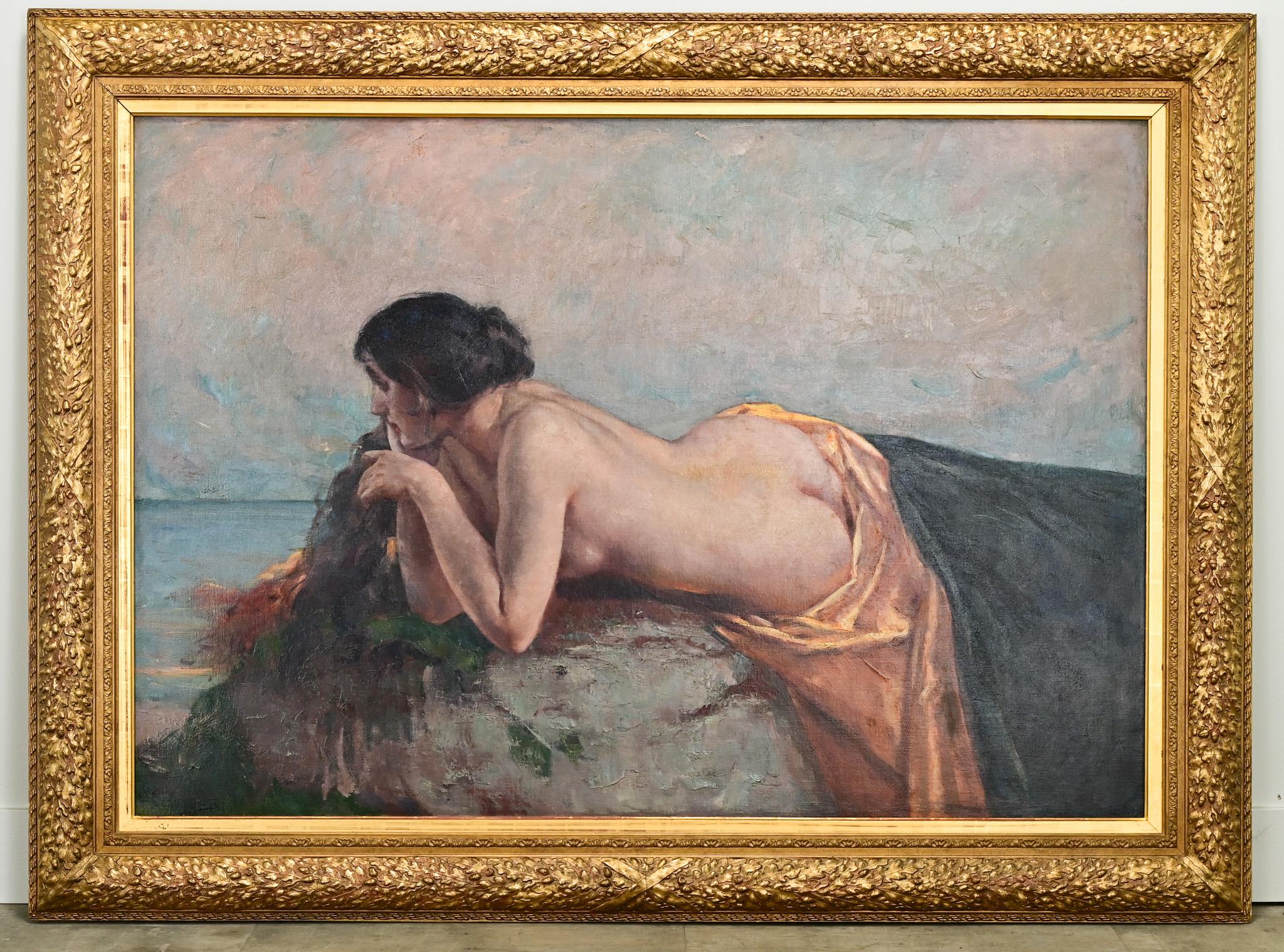 A large scale framed painting by Belgian Artist, Gerard Roosens 1869 - 1935. Entitled “Girl on a Beach” is signed by the artist. The oil painting is on canvas and is surrounded by a museum quality carved and gold gilt frame. Be sure to view the