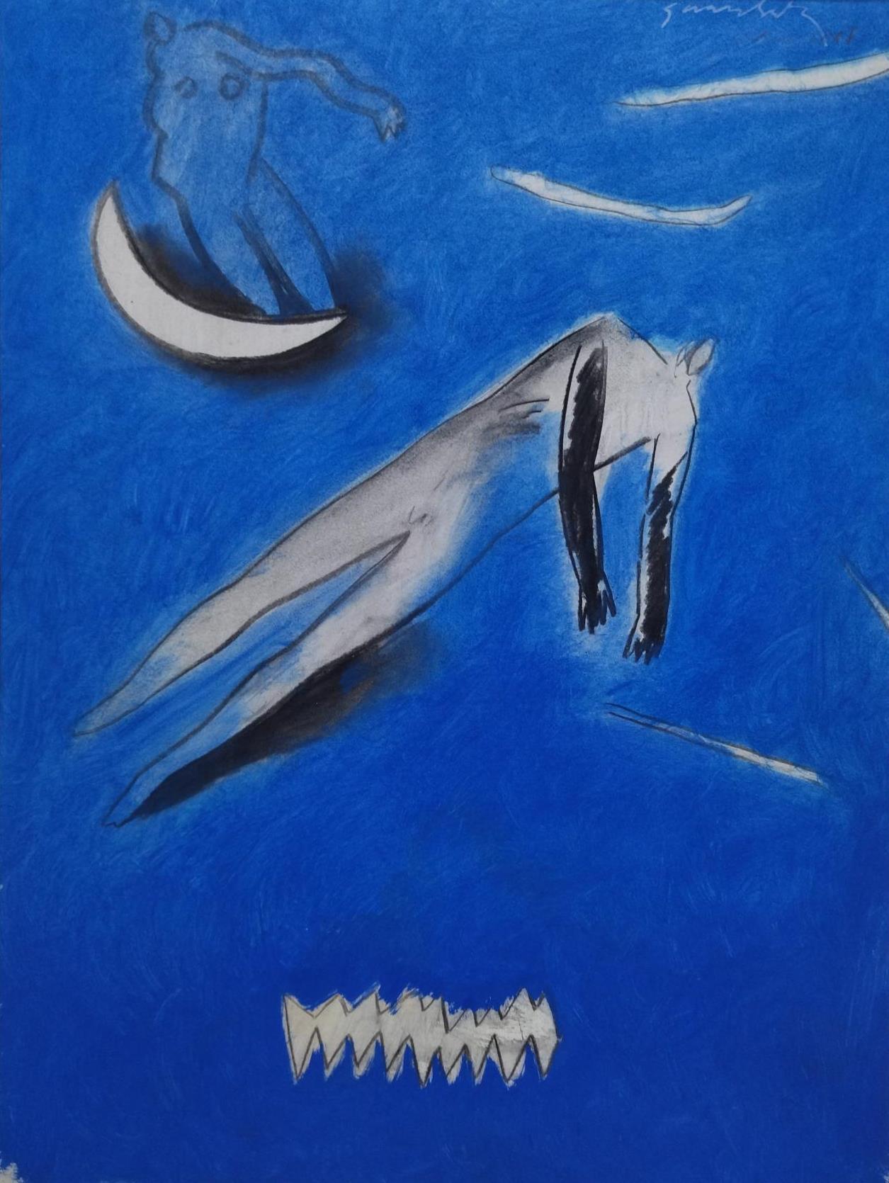 Gerard Sala Blu  Pittura verticale originale a tecnica mista in vendita 1
