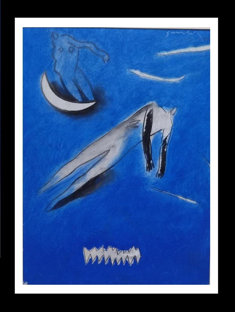 Gerard Sala Blue Vertical original mixed media painting