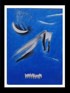 Gerard Sala Bleu  Peinture technique mixte originale verticale