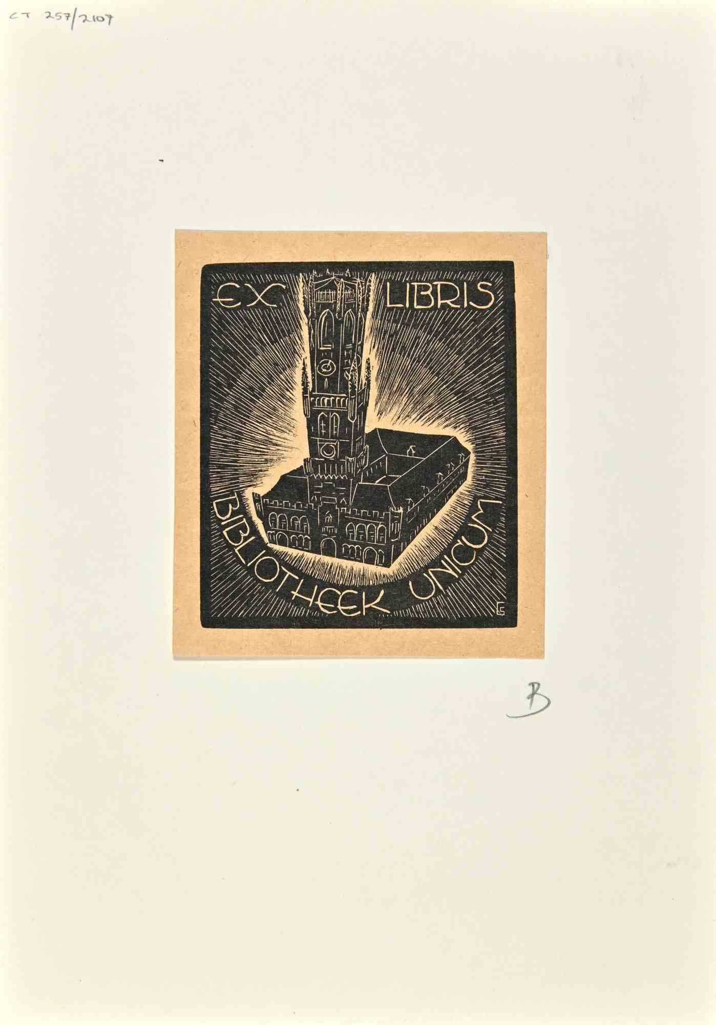  Ex Libris  - Bibliotheek Unicum ist ein Kunstwerk, das 1945 von Gerard Schelpe (1906-1973) aus Belgien geschaffen wurde.

Holzschnitt B./W. Druck auf Elfenbeinpapier. Das Werk ist auf Karton geklebt.

Abmessungen insgesamt: 21 x 15 cm.

Gute