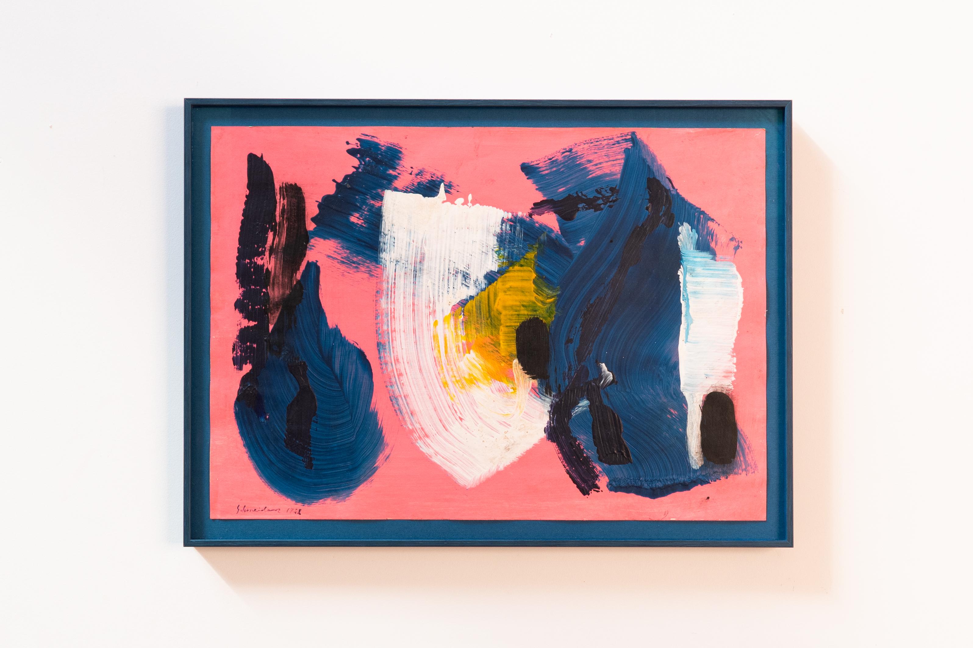Composizione astratta blu-rosa-bianca su carta (1958) - A. Gérard Schneider - Painting di Gerard Schneider