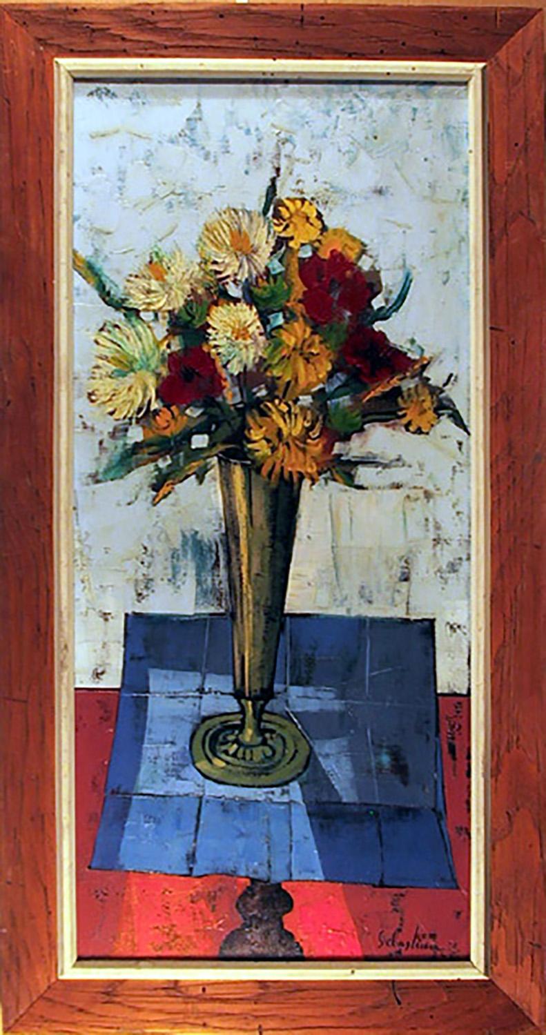 Artistics : Gerard Sebastian, Espagnol (1930 - 1996)	
Titre : Bouquet floral 
Année : circa 1970
Support : Huile sur toile, signée à gauche.
Taille : 36 in. x 16 in. (91.44 cm x 40.64 cm)
Encadré : 42 x 20 pouces 