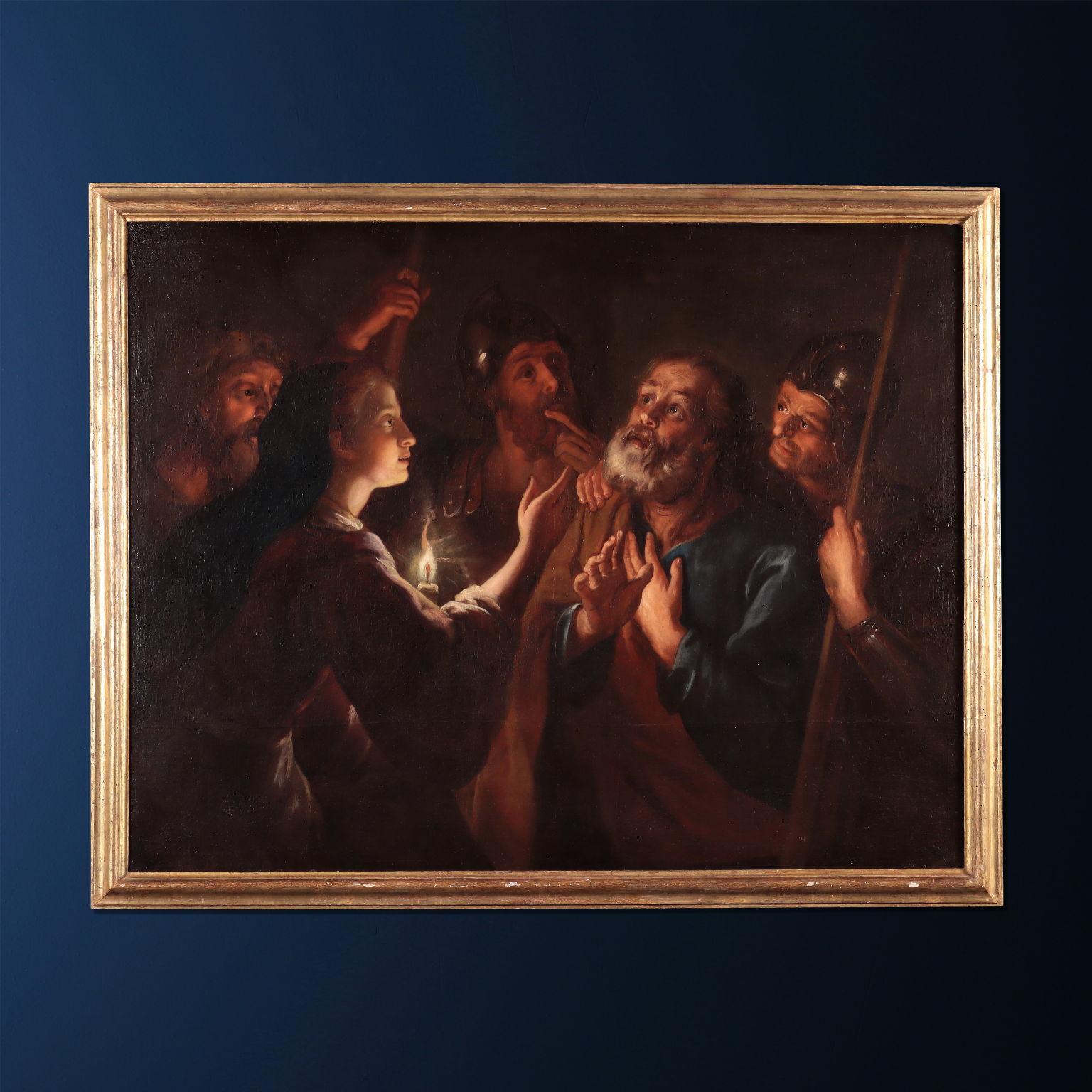 The scene depicts the dramatic episode (reported in all the Gospels) that occurred during the Passion of Christ, in which the apostle Peter, recognized by a woman in the Sanhedrin as a follower of Jesus, frightenedly denies this affiliation three