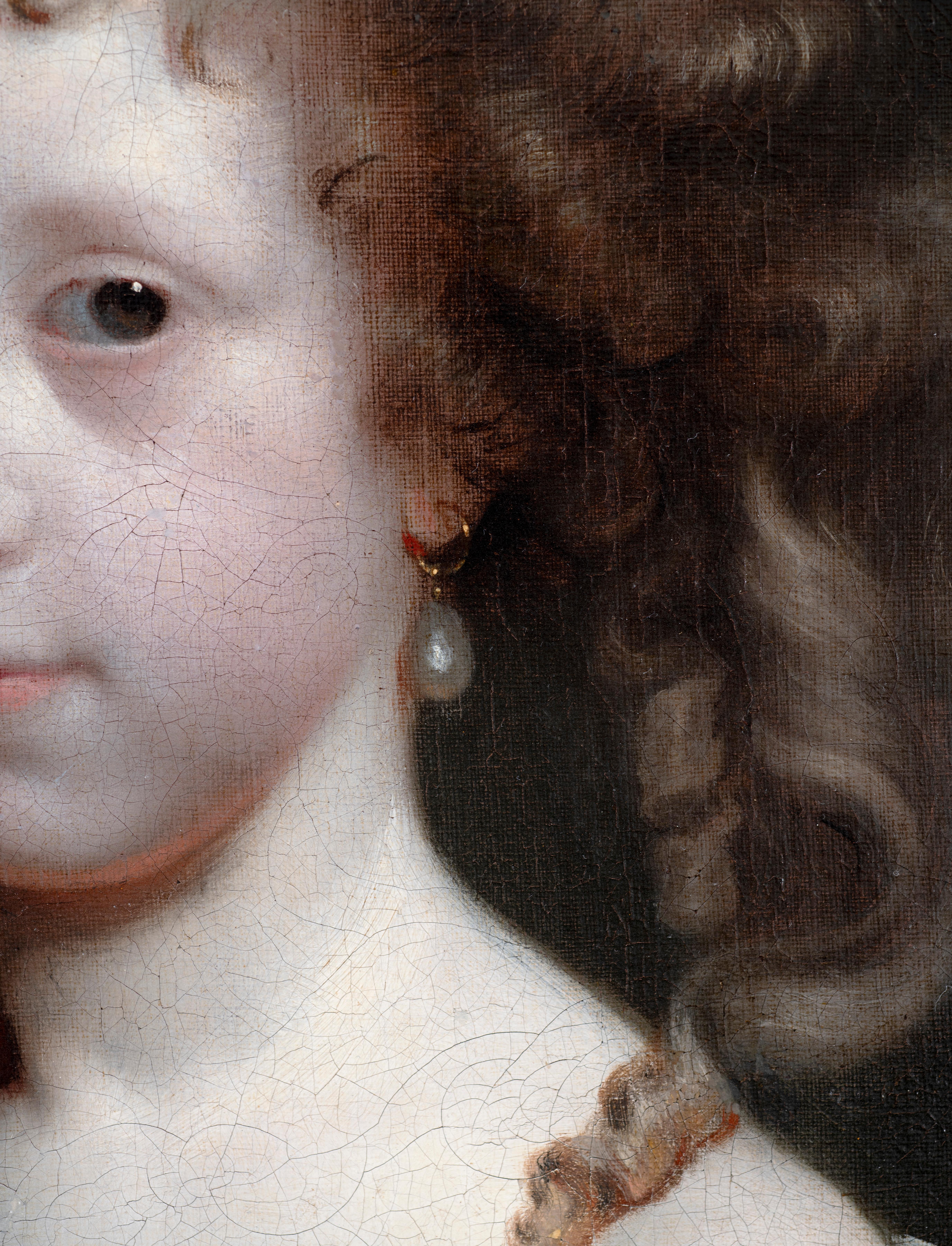 Gerard Soest (c. 1600-1681)
Portrait of a girl, possibly Dorothy Bigg (née Wither) (1661-1717), c. 1674
Half-length, wearing natural pearl and gemstone jewellery  
​
Oil on canvas
In a period carved and gilded frame
77 x 63.7 cm.; (within frame)