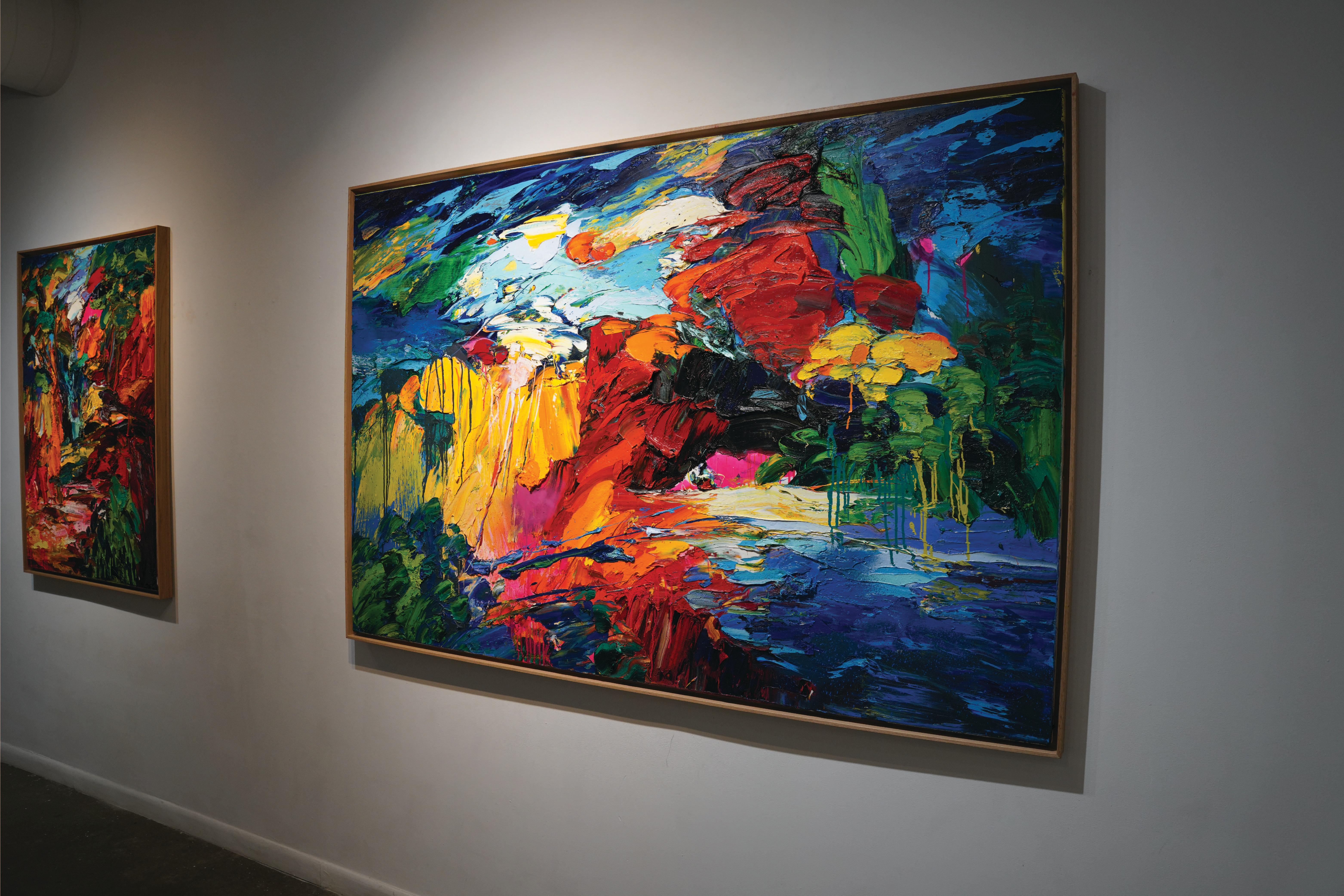 Un dipinto a olio su tela, ispirato a scene di natura immaginaria in cui acqua, sorgenti, alberi, fiori e cieli si assemblano in una luminosa danza multicolore in spessi strati di pittura a olio applicati a mano e a coltello, arricchiti da tocchi di