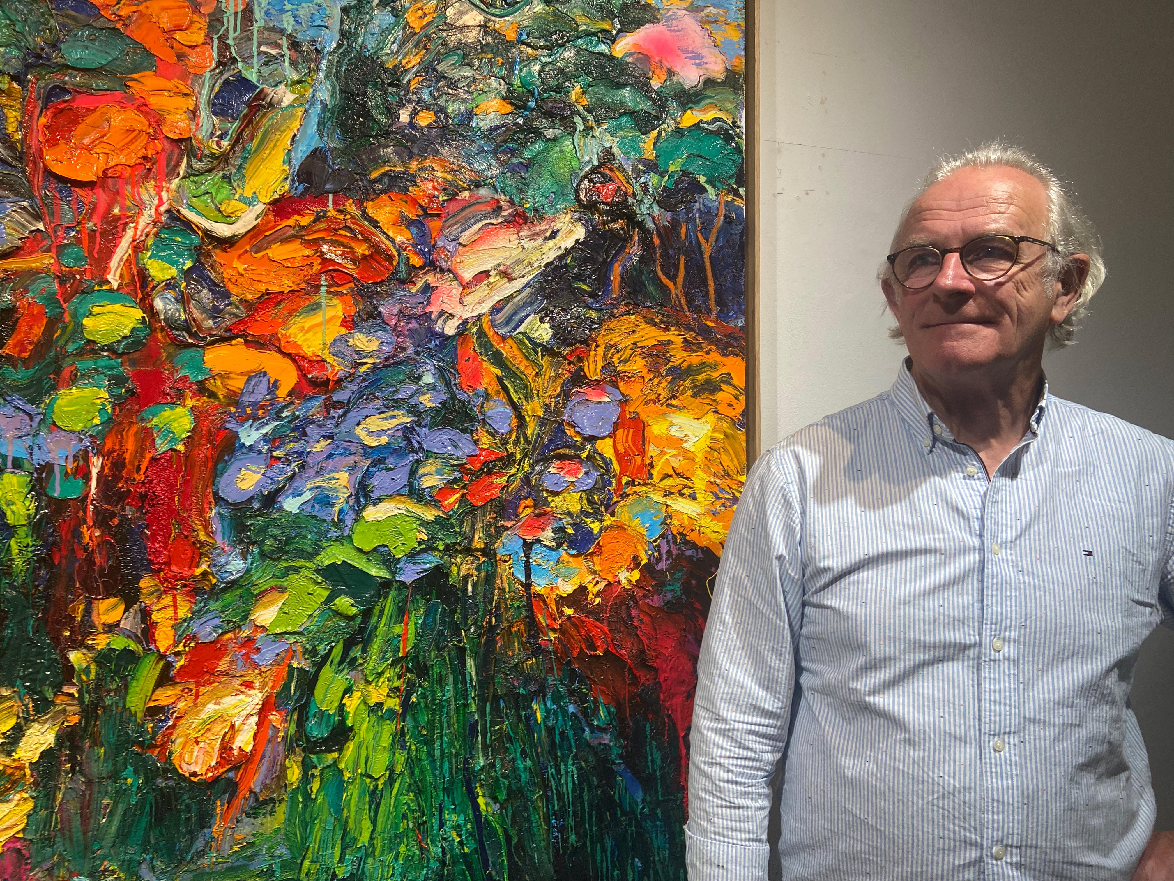 An oil panting on Canvas, inspired by imaginary nature scenes where flowers, springs, branches, bushes, and skies, assembles in a vibrant and bright multicolor dance in thick layers of oil paint applied by knife and hand, enhanced by touches of