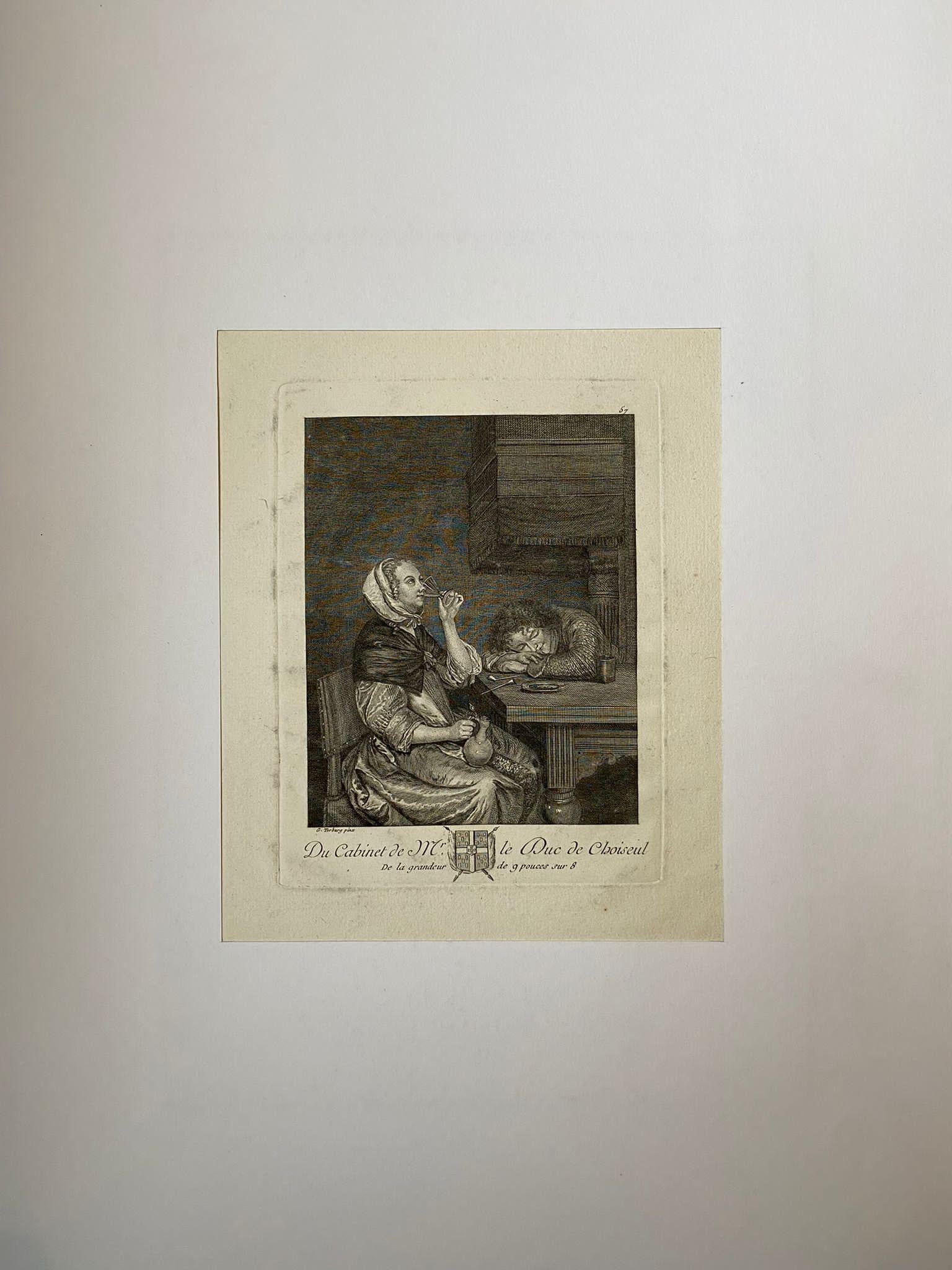 Scène de genre « Les deux boissons » de Gerard Ter Borch, gravure du 17ème siècle  Bon état - En vente à Beuzevillette, FR