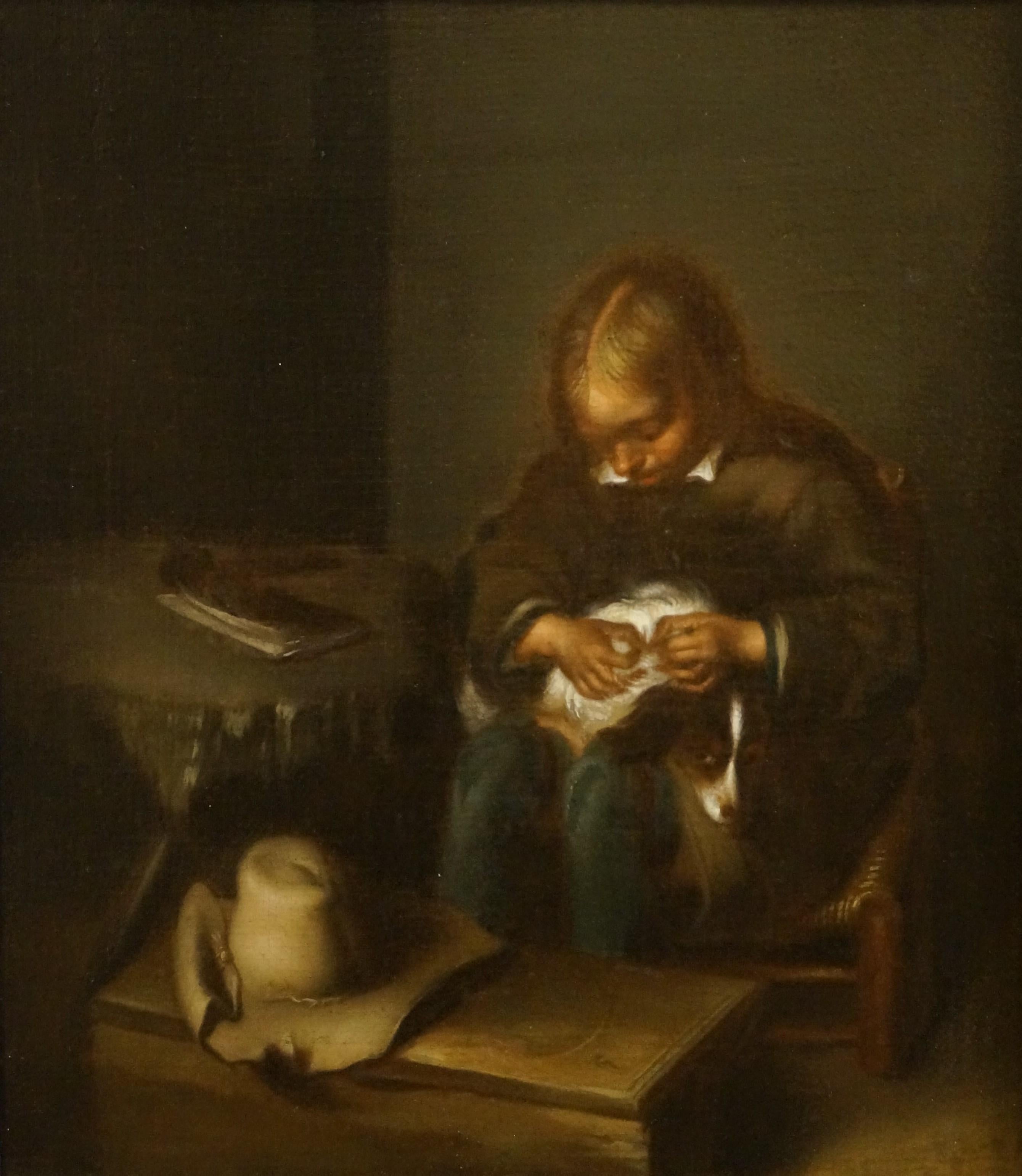 Peinture à l'huile ancienne, garçon fuyant un chien, Gerard ter Borch, âge d'or hollandais