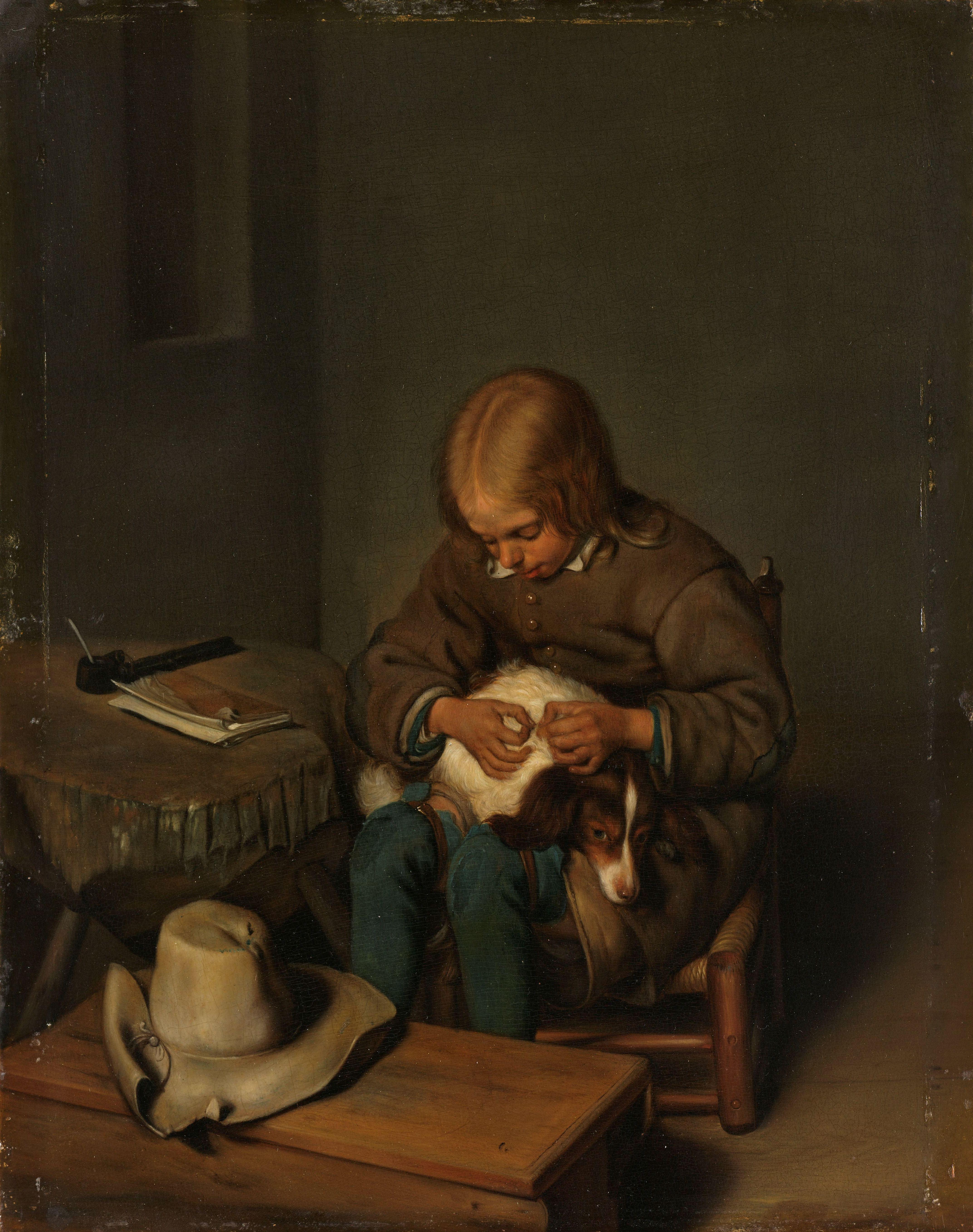 Antique oil painting, Boy Fleaing a Dog, Gerard ter Borch, Dutch golden age For Sale 8