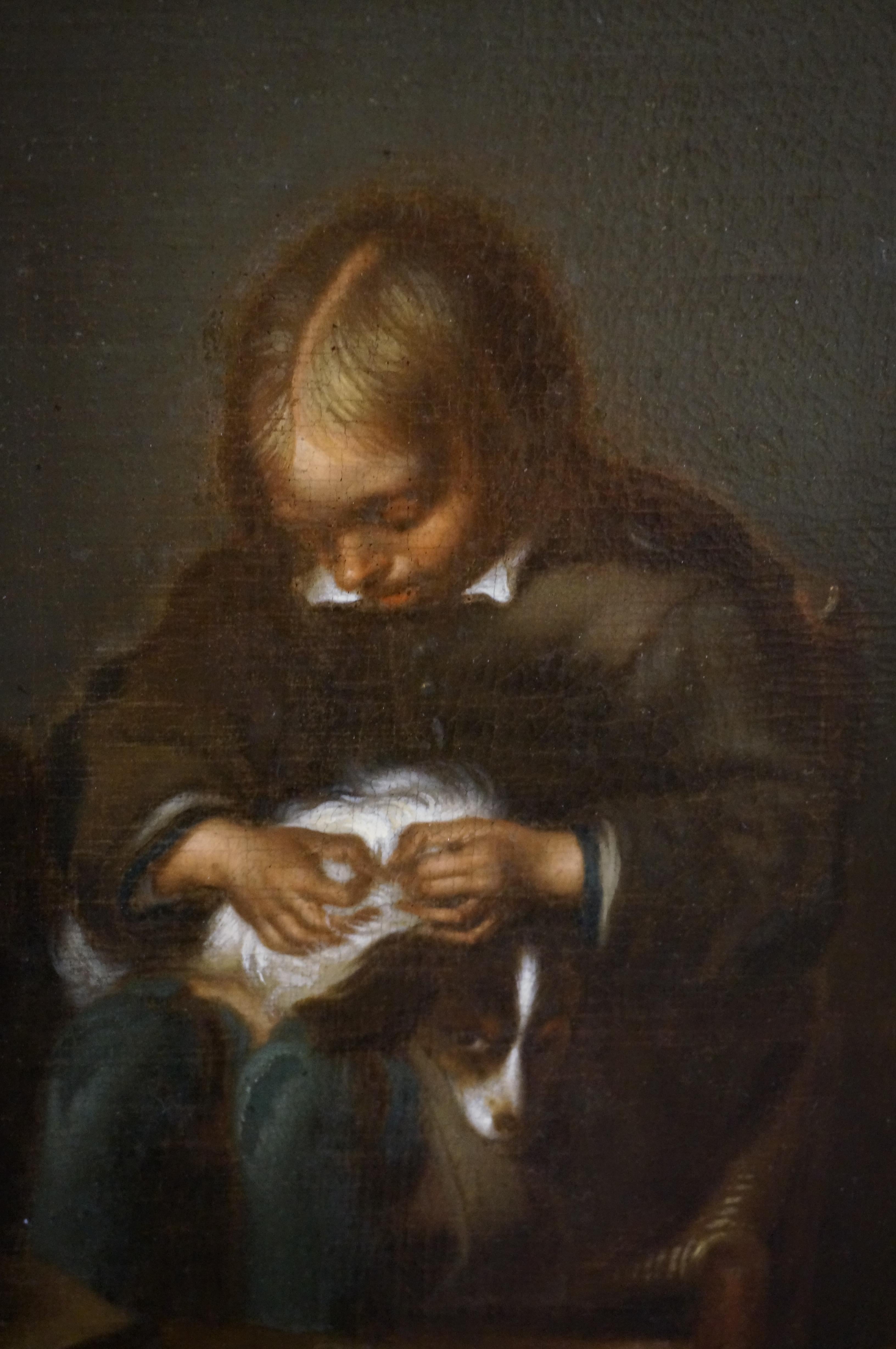 Peinture à l'huile ancienne, garçon fuyant un chien, Gerard ter Borch, âge d'or hollandais - Maîtres anciens Painting par Gerard ter Borch (II)