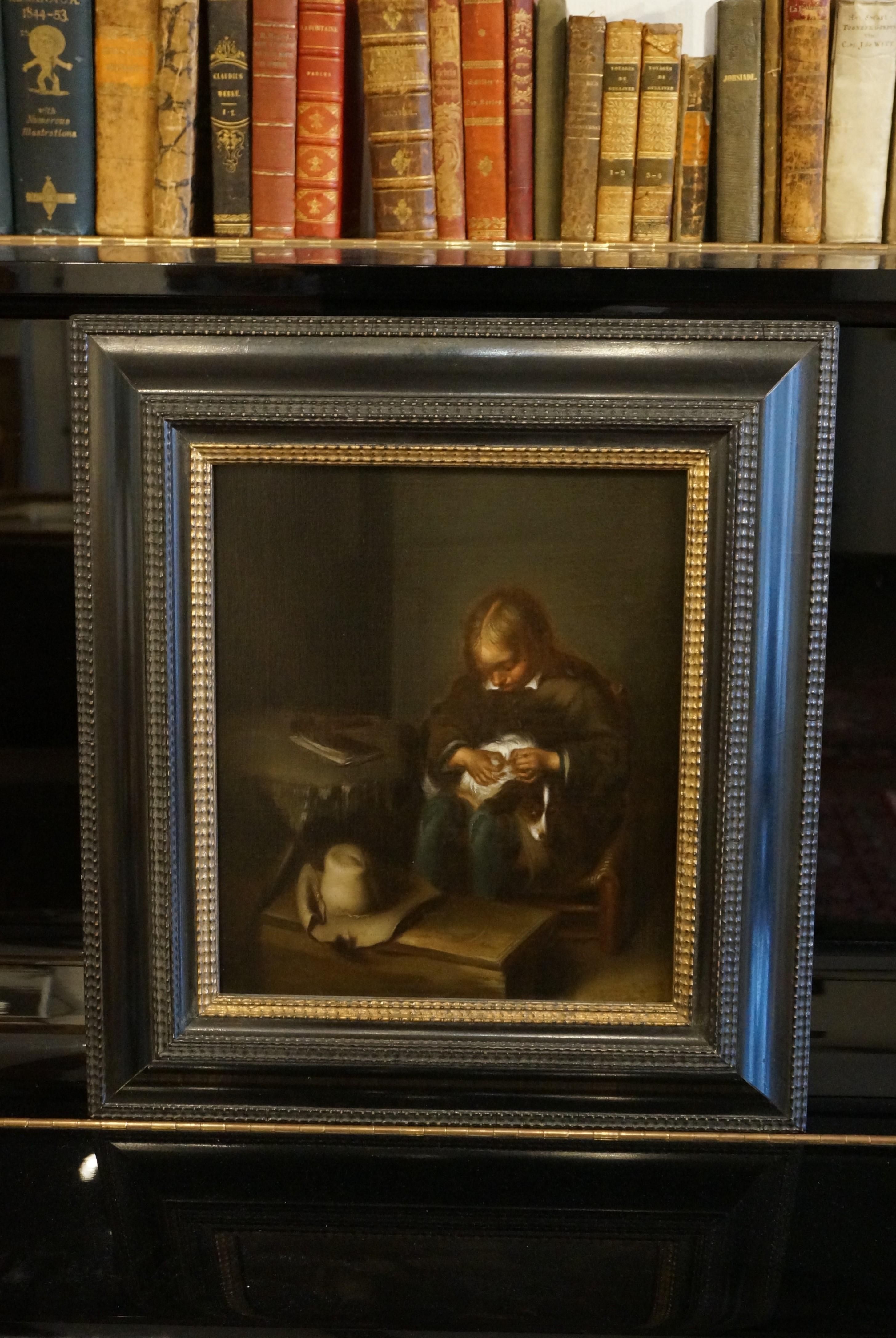 Peinture à l'huile ancienne, garçon fuyant un chien, Gerard ter Borch, âge d'or hollandais en vente 8