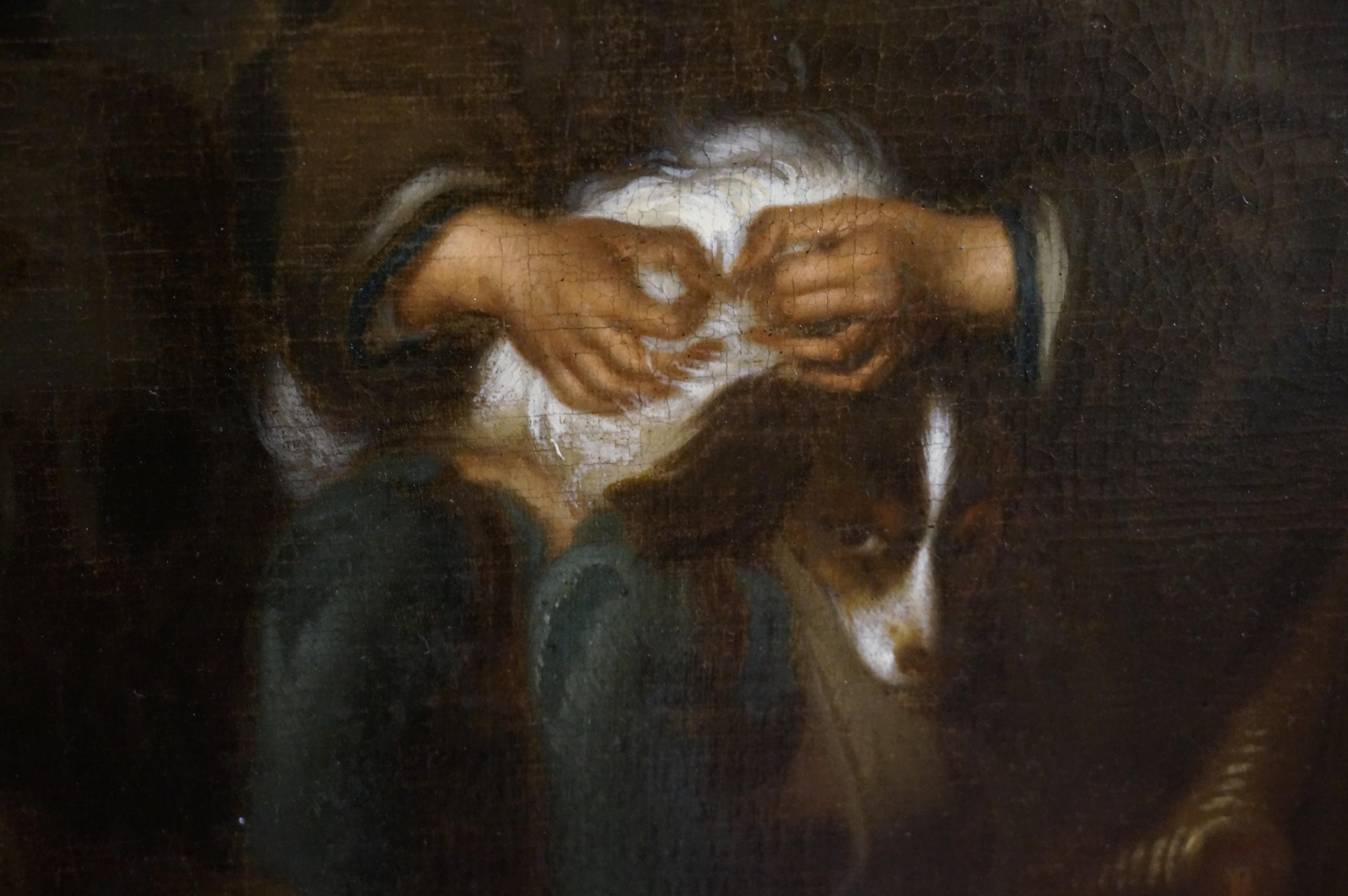 Peinture à l'huile ancienne, garçon fuyant un chien, Gerard ter Borch, âge d'or hollandais en vente 3