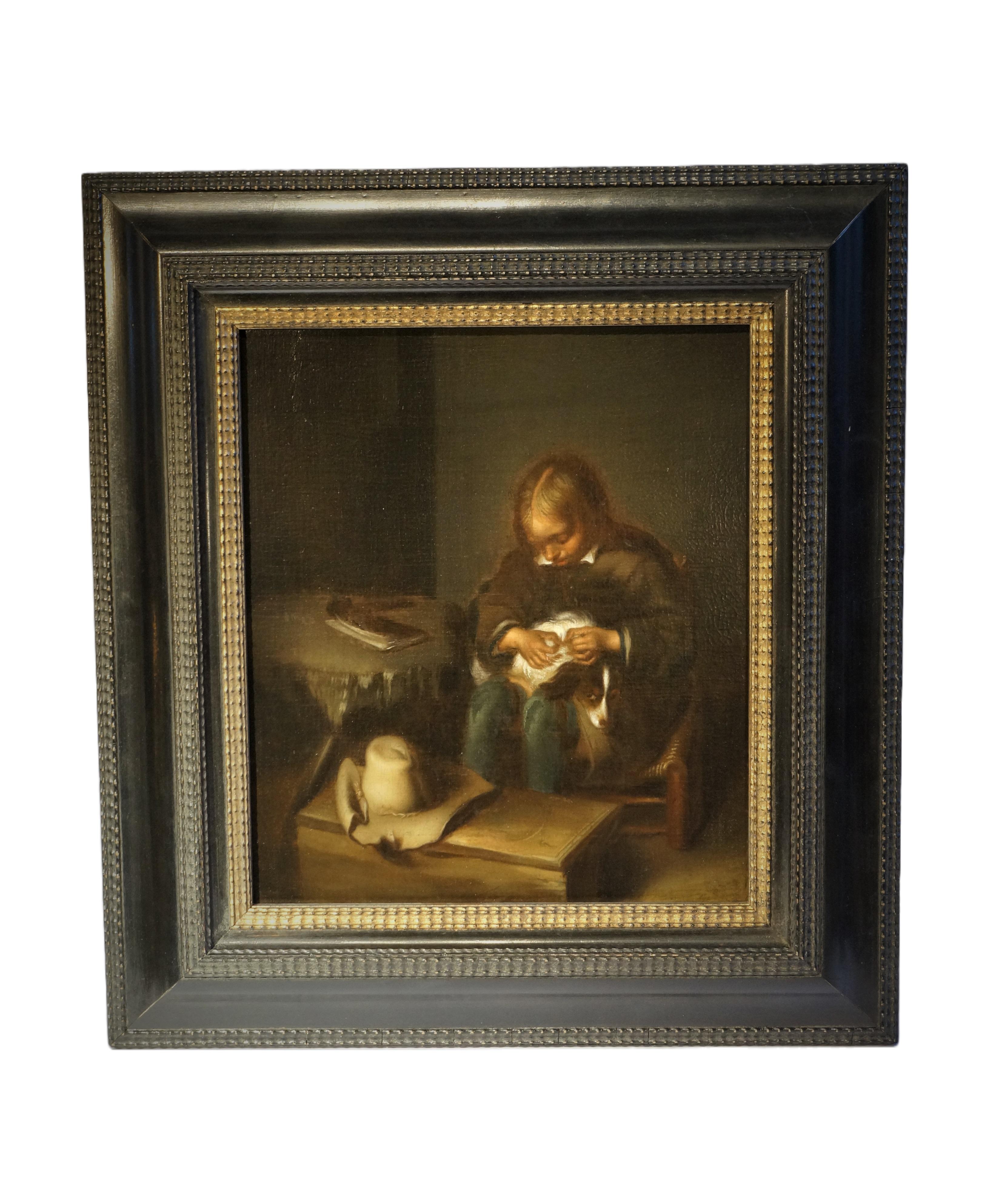 Antique oil painting, Boy Fleaing a Dog, Gerard ter Borch, Dutch golden age - Painting by Gerard ter Borch (II)
