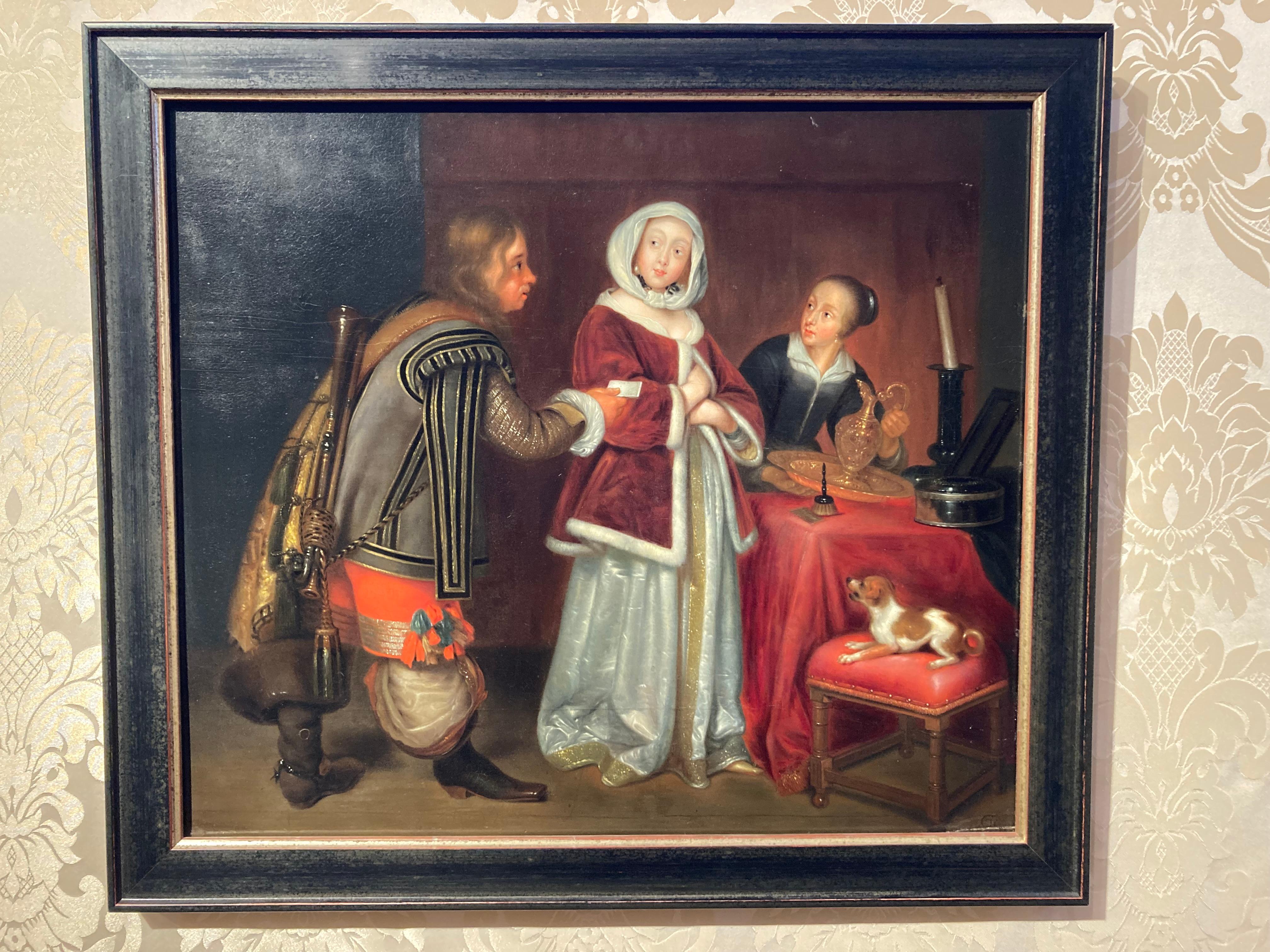 Ter Borch, Intérieur avec des femmes élégantes et un homme, La lettre, Le maître ancien - Baroque Painting par Gerard ter Borch the Younger