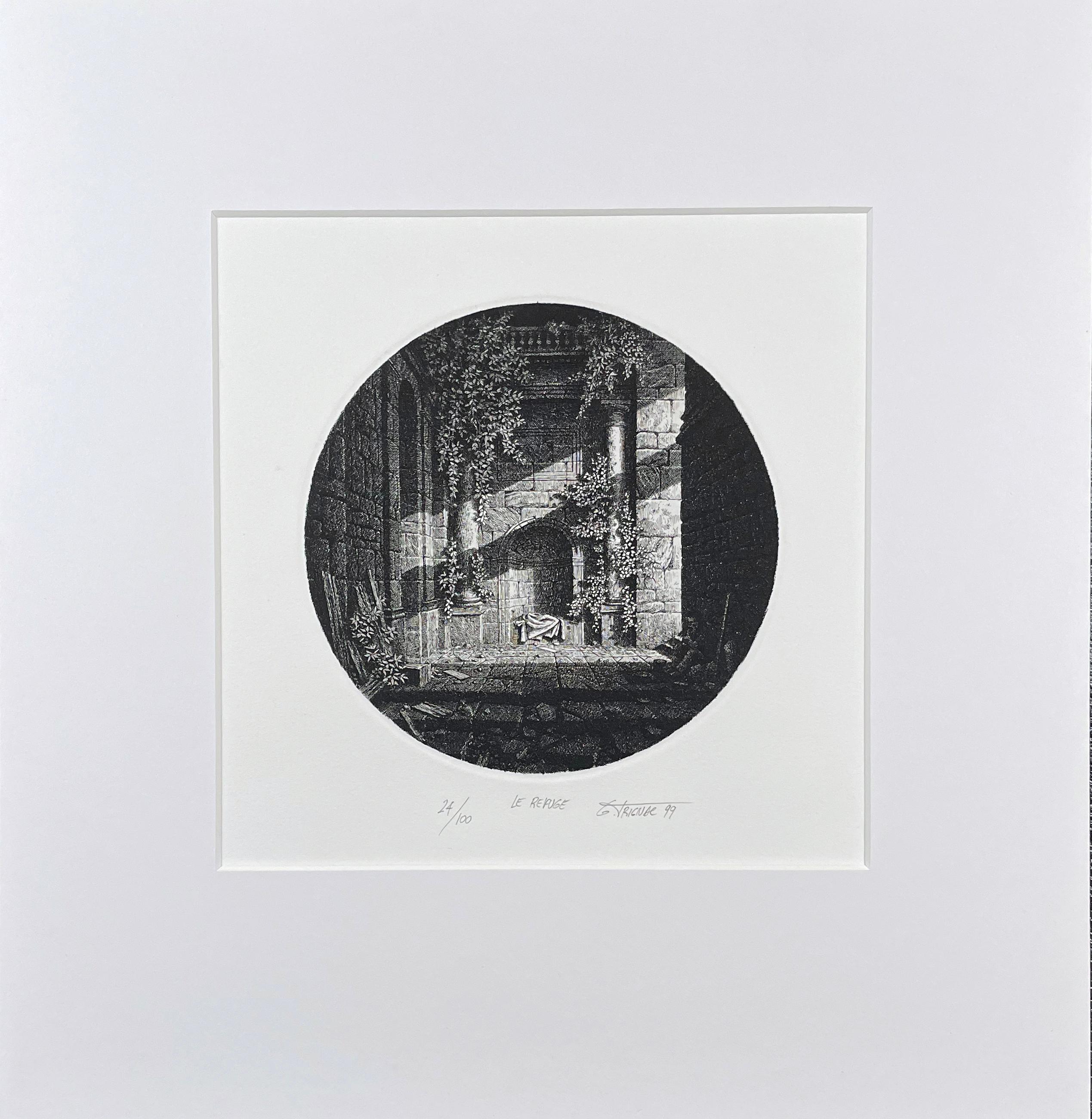 Signed, titled and numbered in pencil, edition of 100. The surreal quality of Trignac's print are in full evidence here, with a cityscape that could be long in the past or long in the future. 

Gerard Trignac was born in 1955, and initially trained