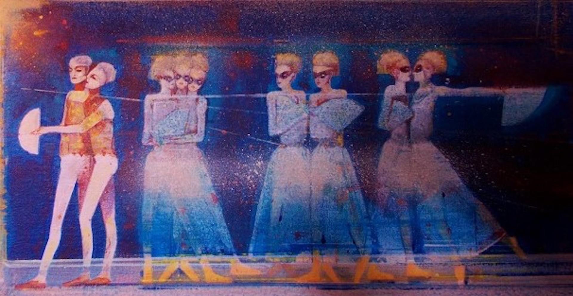 Gerard Tunney, Dancers in the Wings, Original Blue Painting, Figurative Artwork For Sale 1