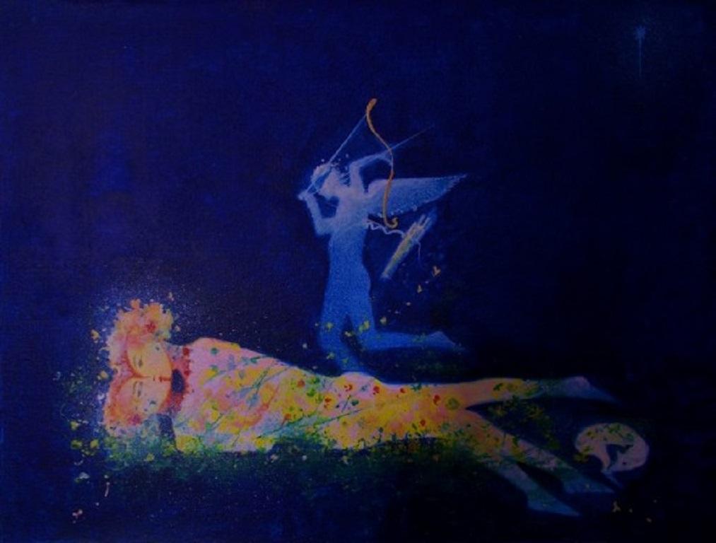 Eros, das traditionelle Symbol der Liebe, schwebt über zwei Liebenden, die sich in der Nacht umarmen. Das Gemälde soll das idealisierte Bliss des Verliebtseins suggerieren
"Die meisten meiner Arbeiten sind von meiner Arbeit am Theater beeinflusst,