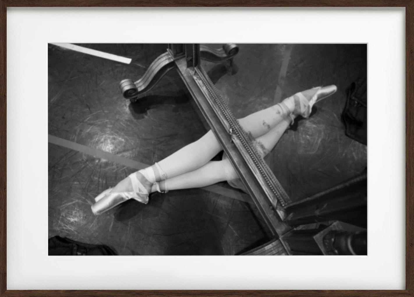 Piano Legs, Teatro Alla Scala Ballet Company - Ballet Shoes under a piano - Black Black and White Photograph by Gérard Uféras