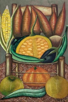 Fruits on Chair - Oil on Masonite By Haitian Contemporary Master Gerard Valcin