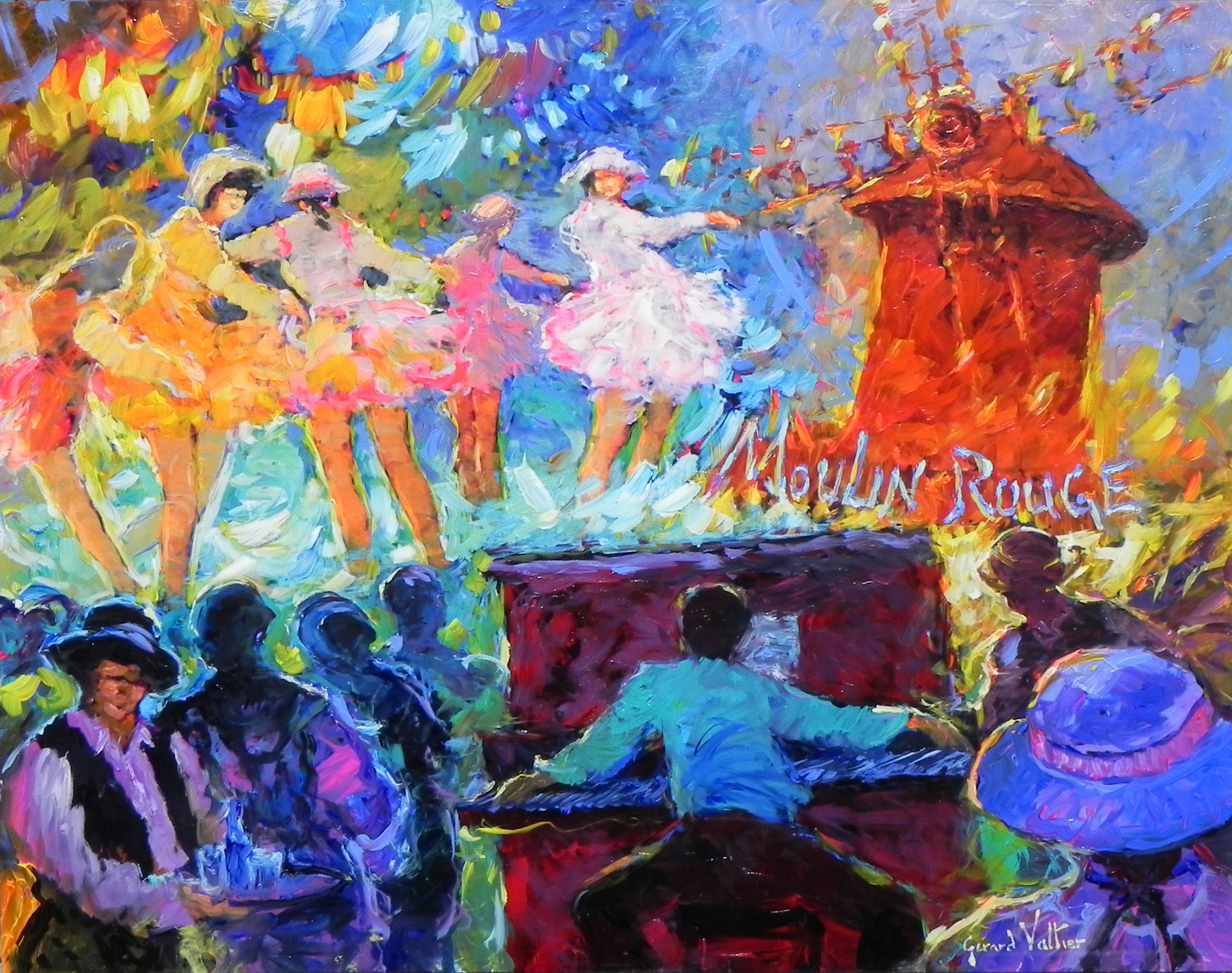 "Dansons" von Gerard Valtier ist ein Original-Öl auf Leinwand mit den Maßen 29x36 Zoll. Impressionistische Malerei verwendet eine Reihe von leuchtenden Farben, um ein lustiges, musikalisches Bild zu schaffen. Das Moulin Rouge ist ein Kabarett in