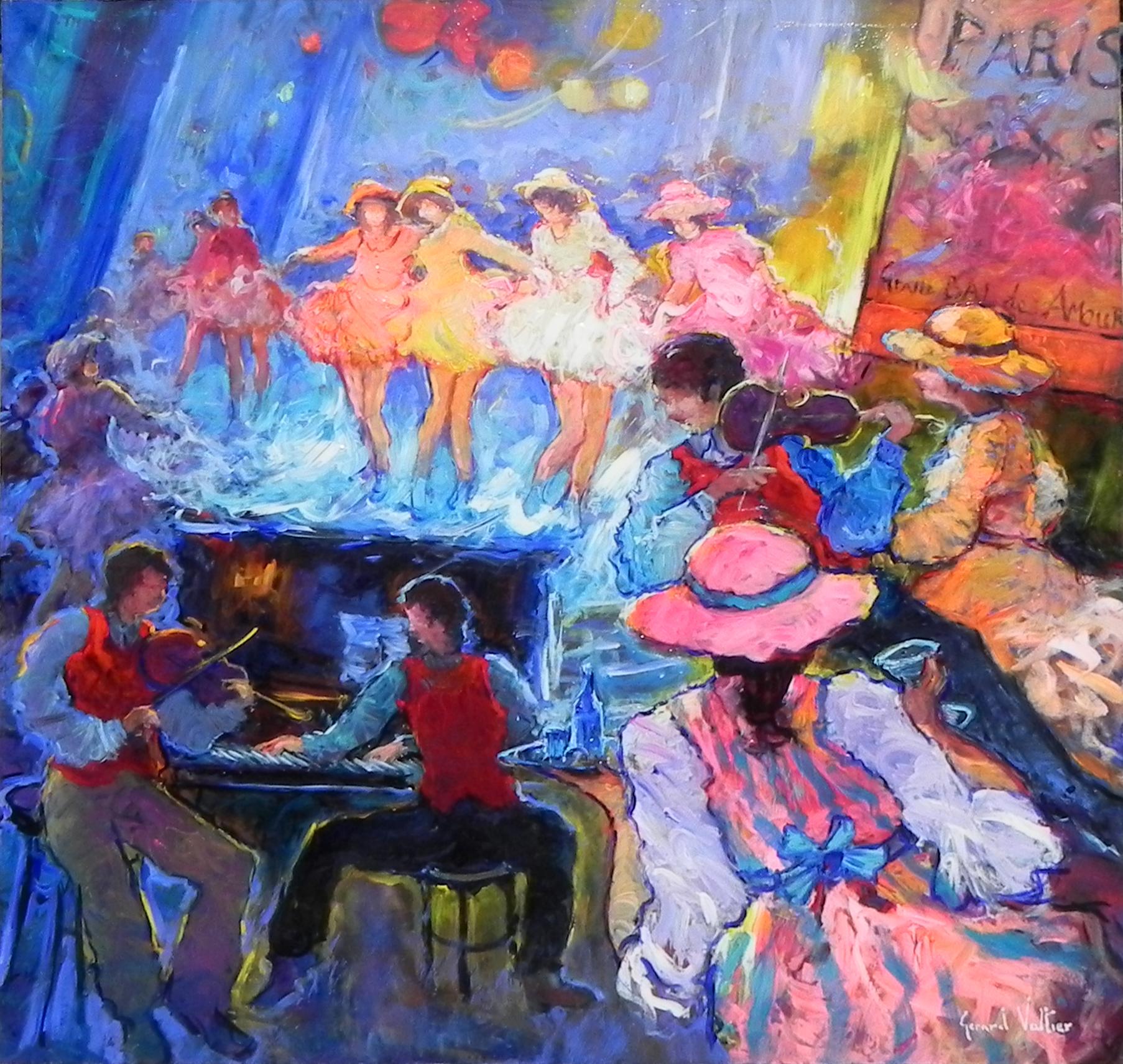 "Folle Soirée Musicale" de Gerard Valtier est une huile originale sur toile qui mesure 47x47 pouces. Cette peinture impressionniste utilise un éventail de couleurs vives pour créer une image amusante et musicale. La soirée se passe lors d'un
