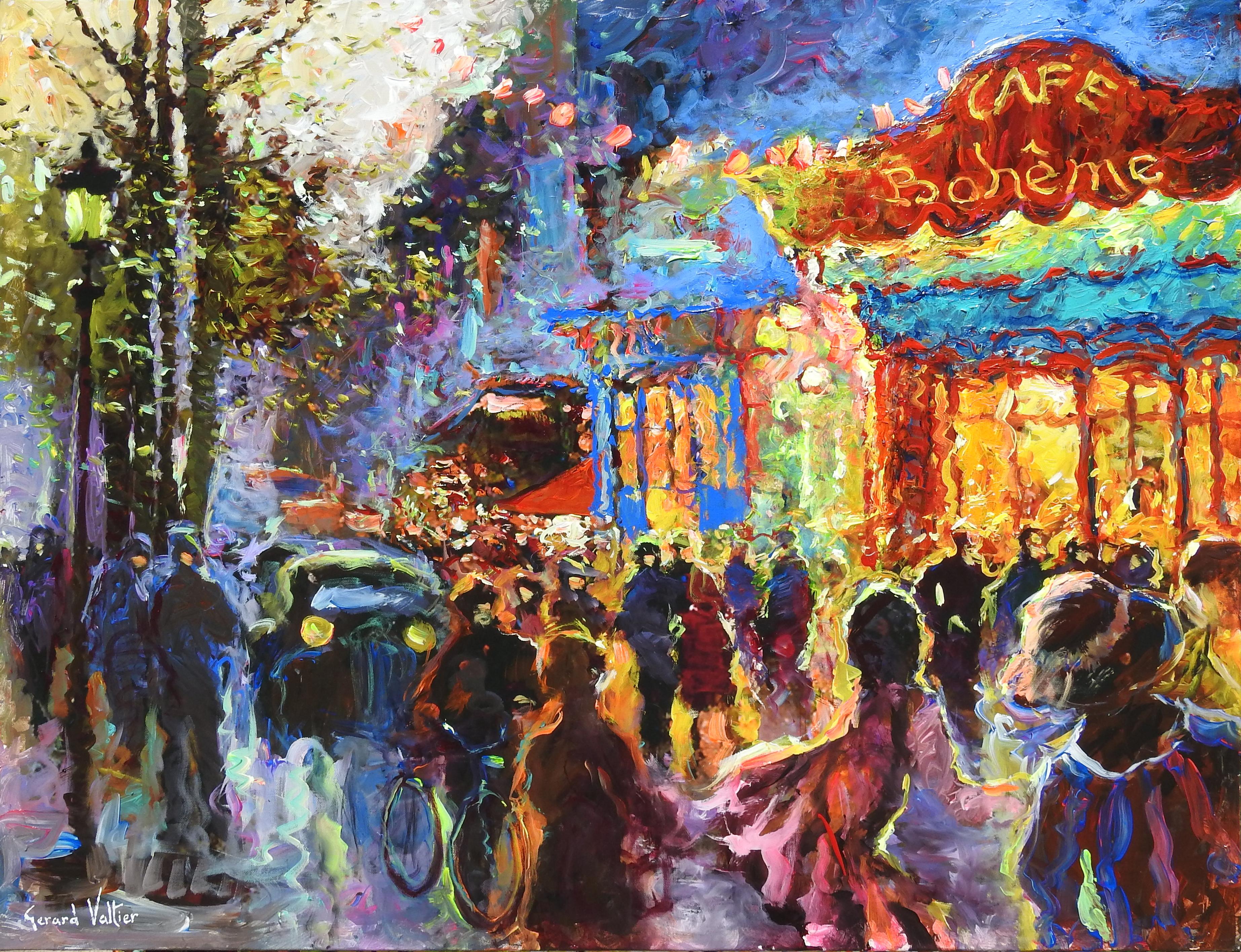"Le Cafe Boheme De Paris" di Gerard Valtier è un olio originale su tela che misura 29x36 pollici. Questo dipinto impressionista presenta una serie di colori vivaci che creano un'immagine divertente e musicale. Le persone si radunano in strada