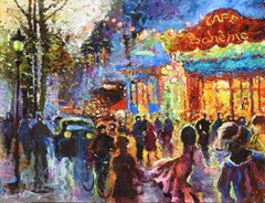 "Le Cafe Boheme de Paris", Gerard Valtier, Oil on Canvas, French, 29x36 in.