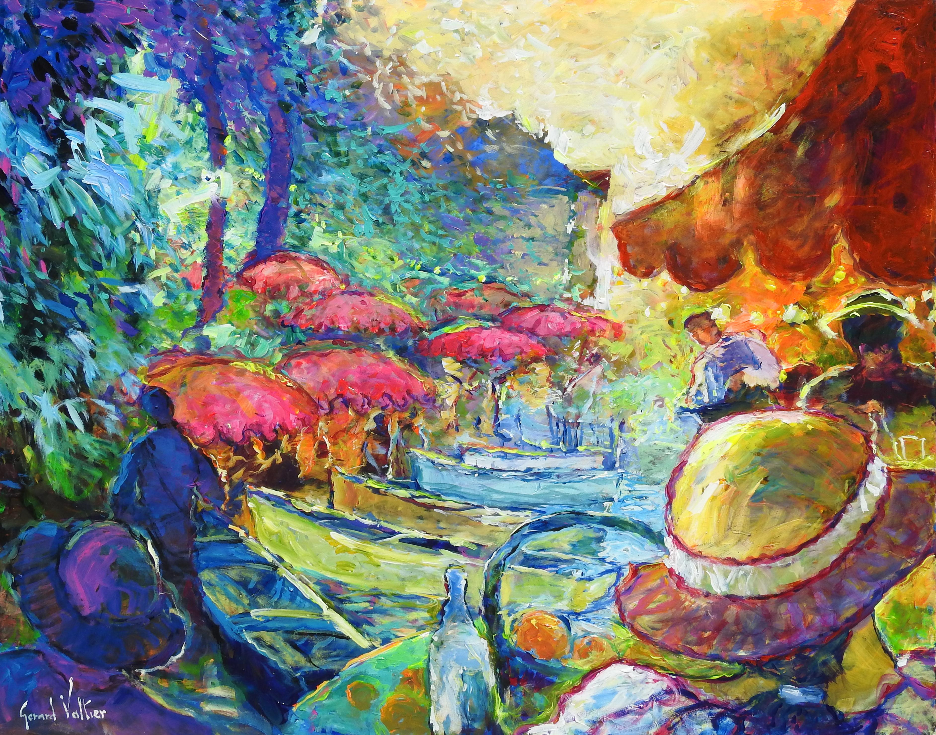 "Parasols Au Ciel D'Or" by Gerard Valtier is an original oil on canvas that measures 29x36 inches. This impressionistic painting has an array of bright colors to create a fun and musical image. As people gather at the lake pink umbrellas are given