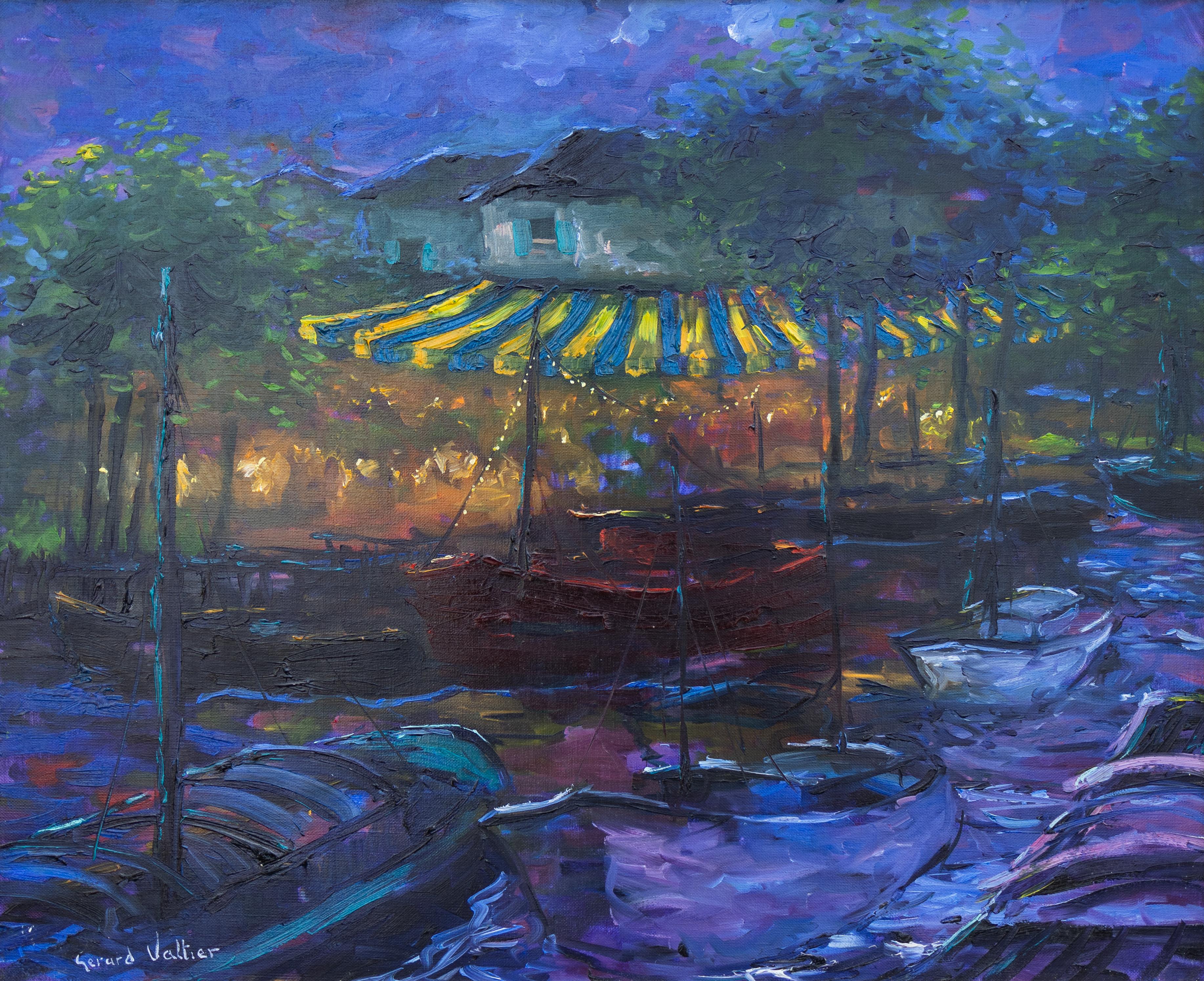 Landscape Painting Gerard Valtier - "Harbor at Night" Peinture impressionniste Paysage marin avec bateaux sur l'eau